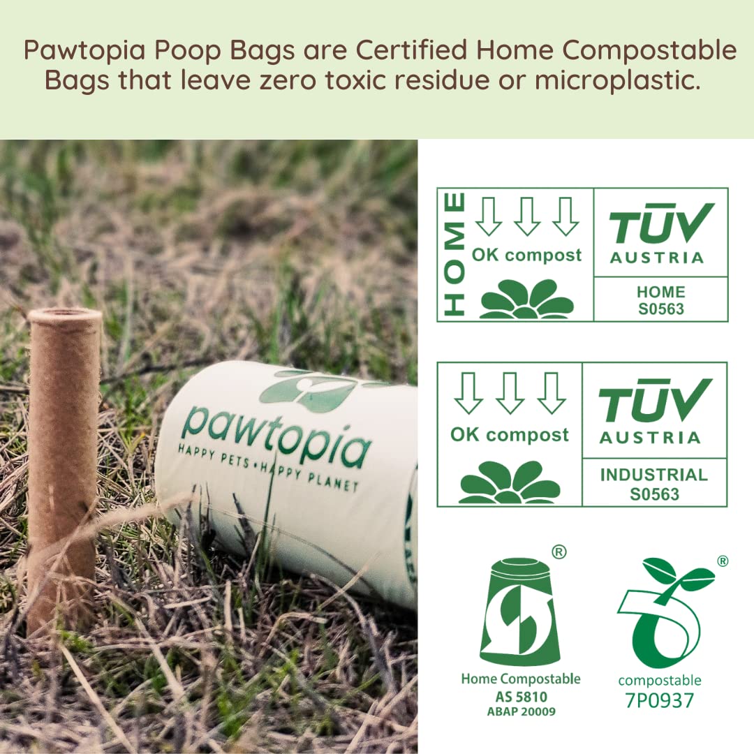 Pawtria Certified Home Compostable Dog Poop Bags (240 Bags + Kraft Paper Dispenser), Biodegradable Poop Bags, Cat Litter, Vegeta