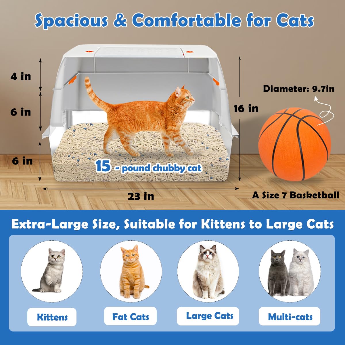 SZEE Stainless Steel Litter Box - Extra Large, White, Easy to Clean, No Odor, Includes Scoop & Mat, Open/Enclosed Modes, Model BXGMSPFBS-Q-HKM