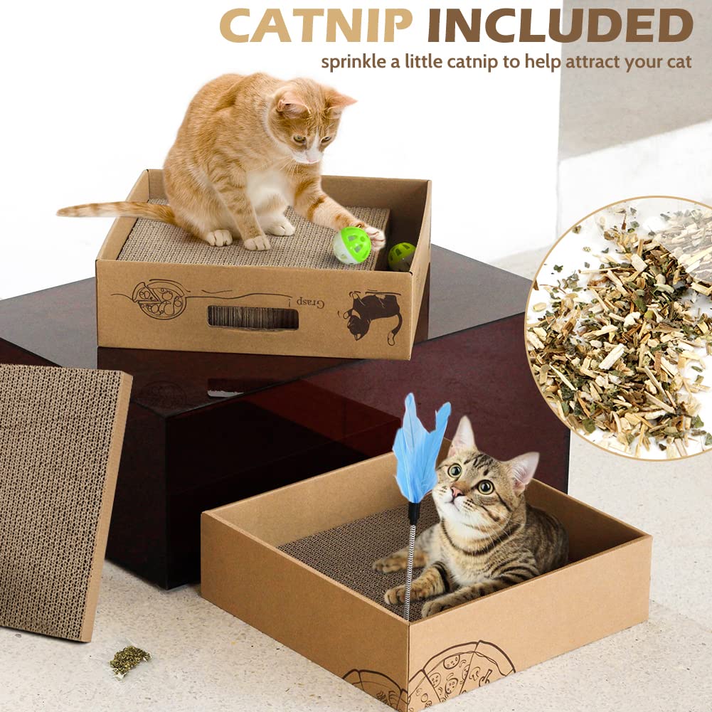 2 Pack Cat Scratcher Box With 3 Pcs Scratching Pads, Reversible Corrugated Cardboard Lounge Bed With Feather Toy And Balls Recyc