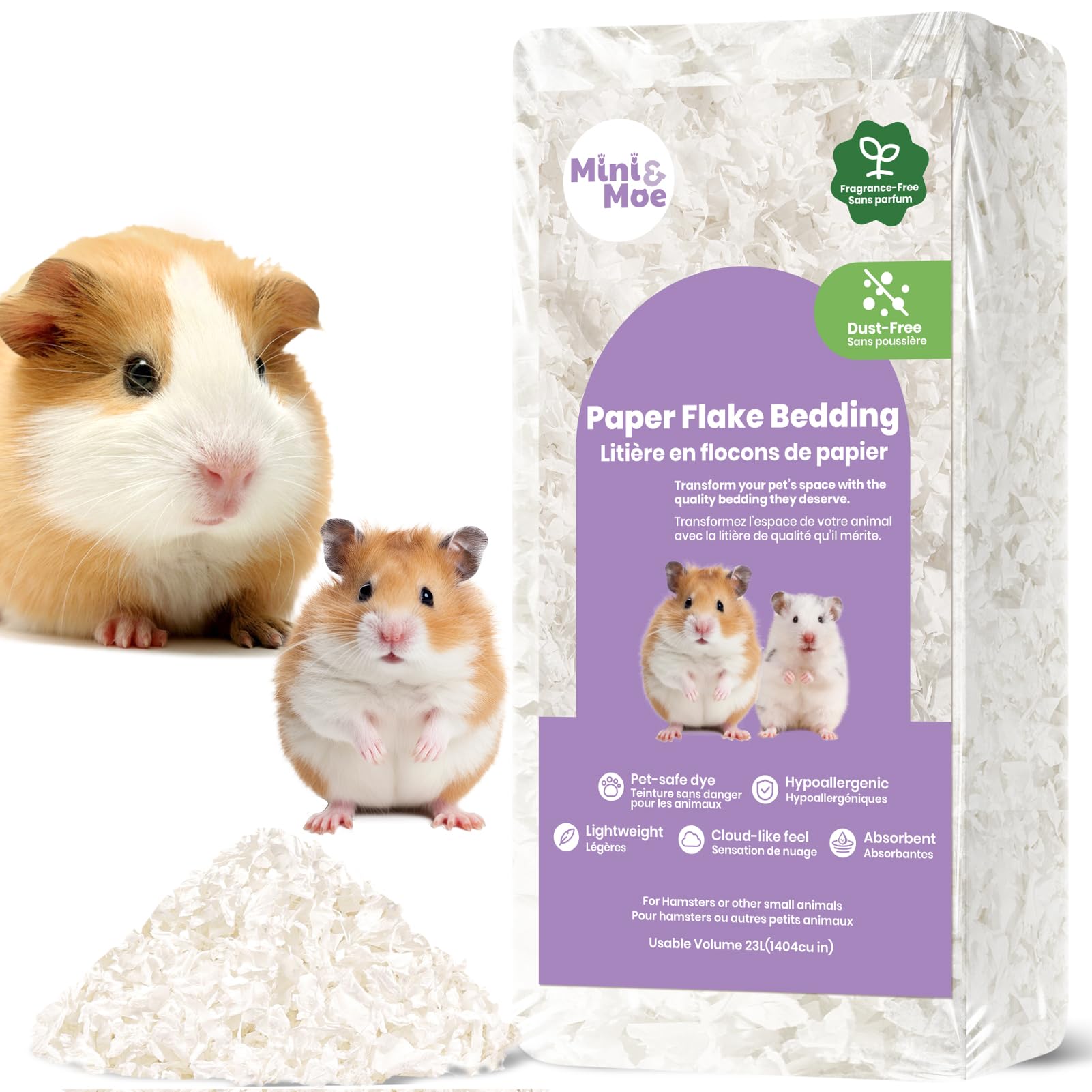 Mini&Moe Hamster Bedding: Odor Control And Dust-Free Moisture Absorbent Natural Paper Small Pet Bedding - For Guinea Pigs, Hamst