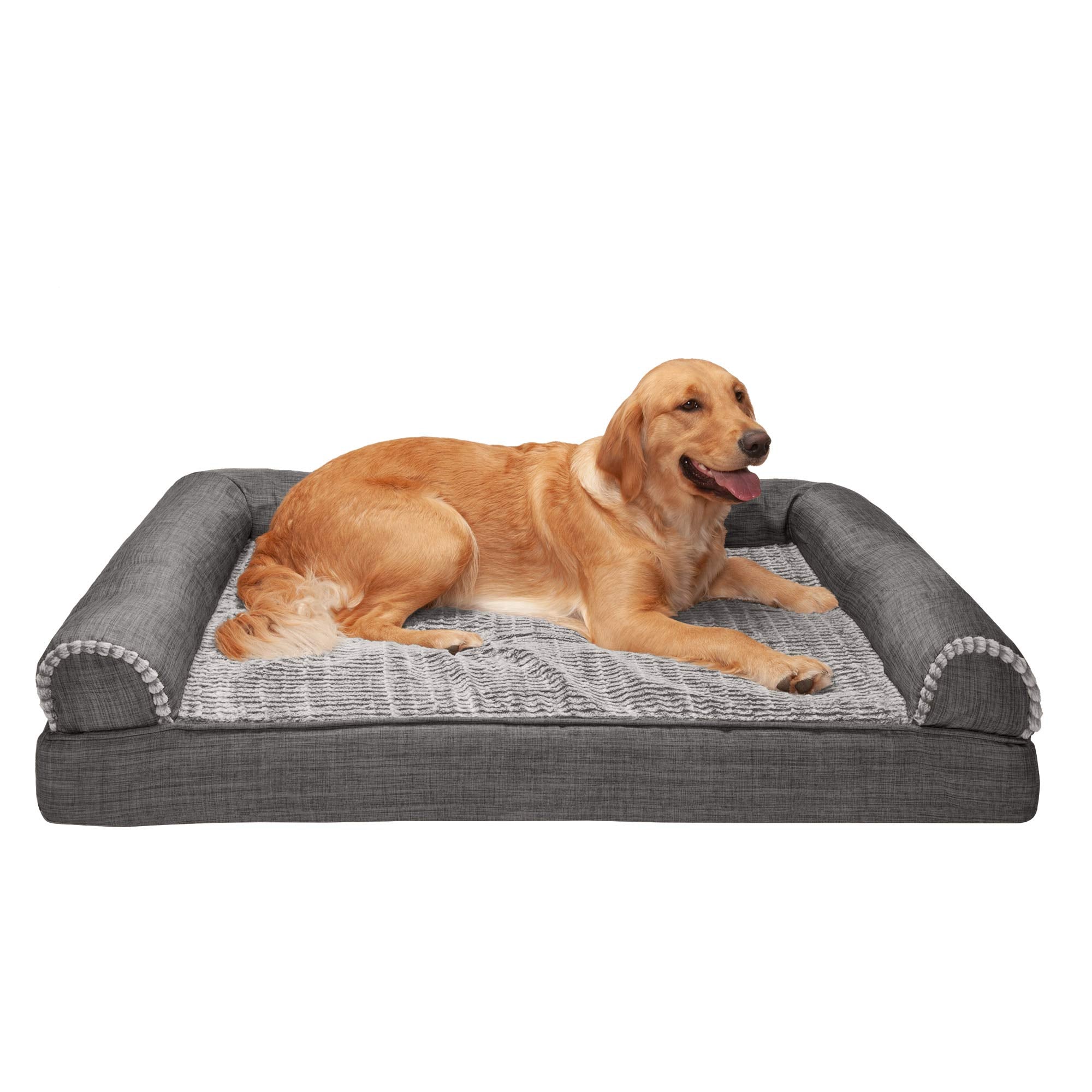 Furhaven Xl Cooling Gel Foam Dog Bed Luxe Faux Fur & Performance Linen Sofa-Style W/ Removable Washable Cover - Charcoal, Jumbo (X-Large)