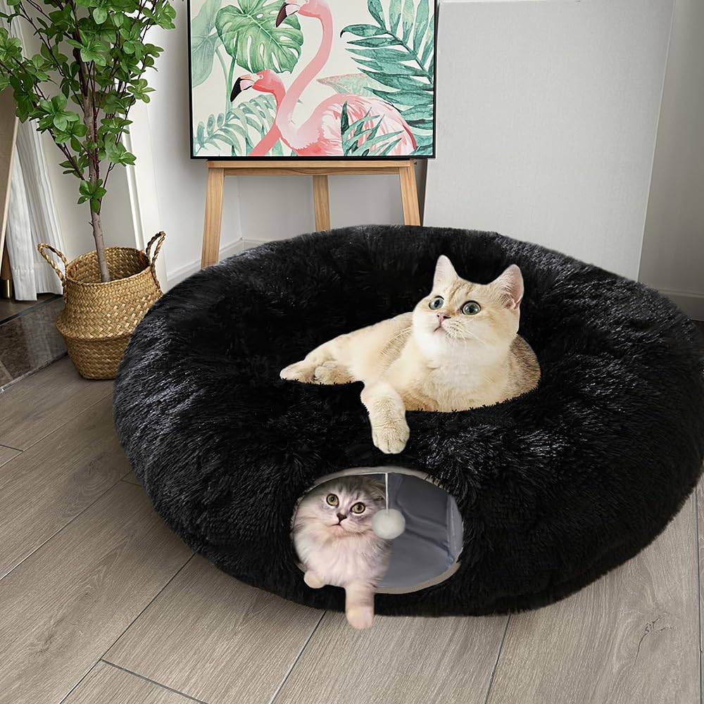 Mabaytir Cat Tunnel Bed For Indoor Cats Black Plush, Collapsible Play Tube With Removable Cushion, Sturdy Cat Toy Playhouse, Sof