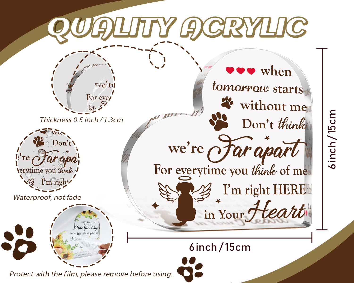 Creoate Dog Memorial Sign For Table, Heart Shaped Acrylic, 6.3 X 6.3 X 0.7 Inches, Pet Memorial, Sentimental, Clear