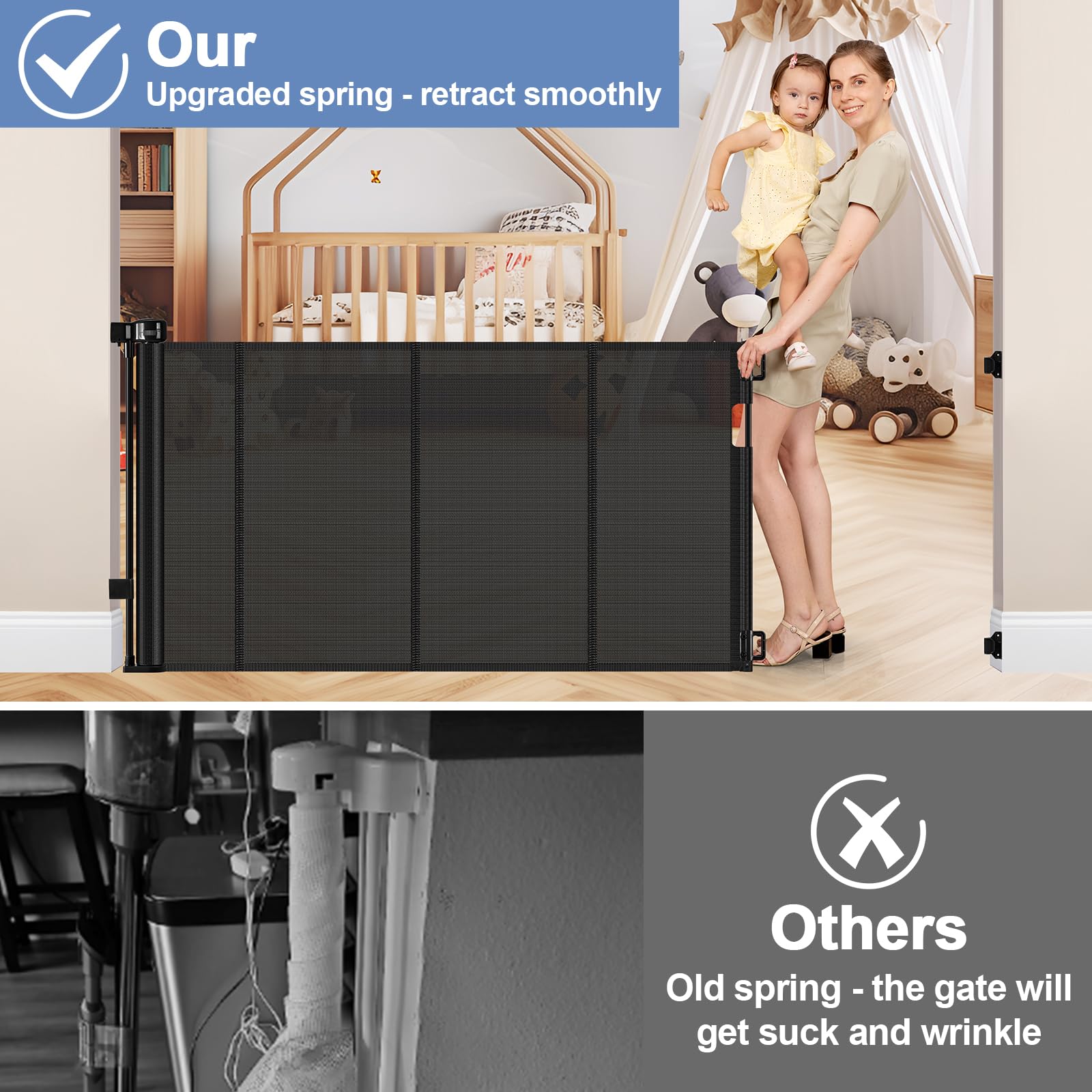 Reinforced Retractable Baby Gates with Support Beam 60'' Wide Retractable Dog Gate Indoor Prevent Children and Dogs from Crawlin