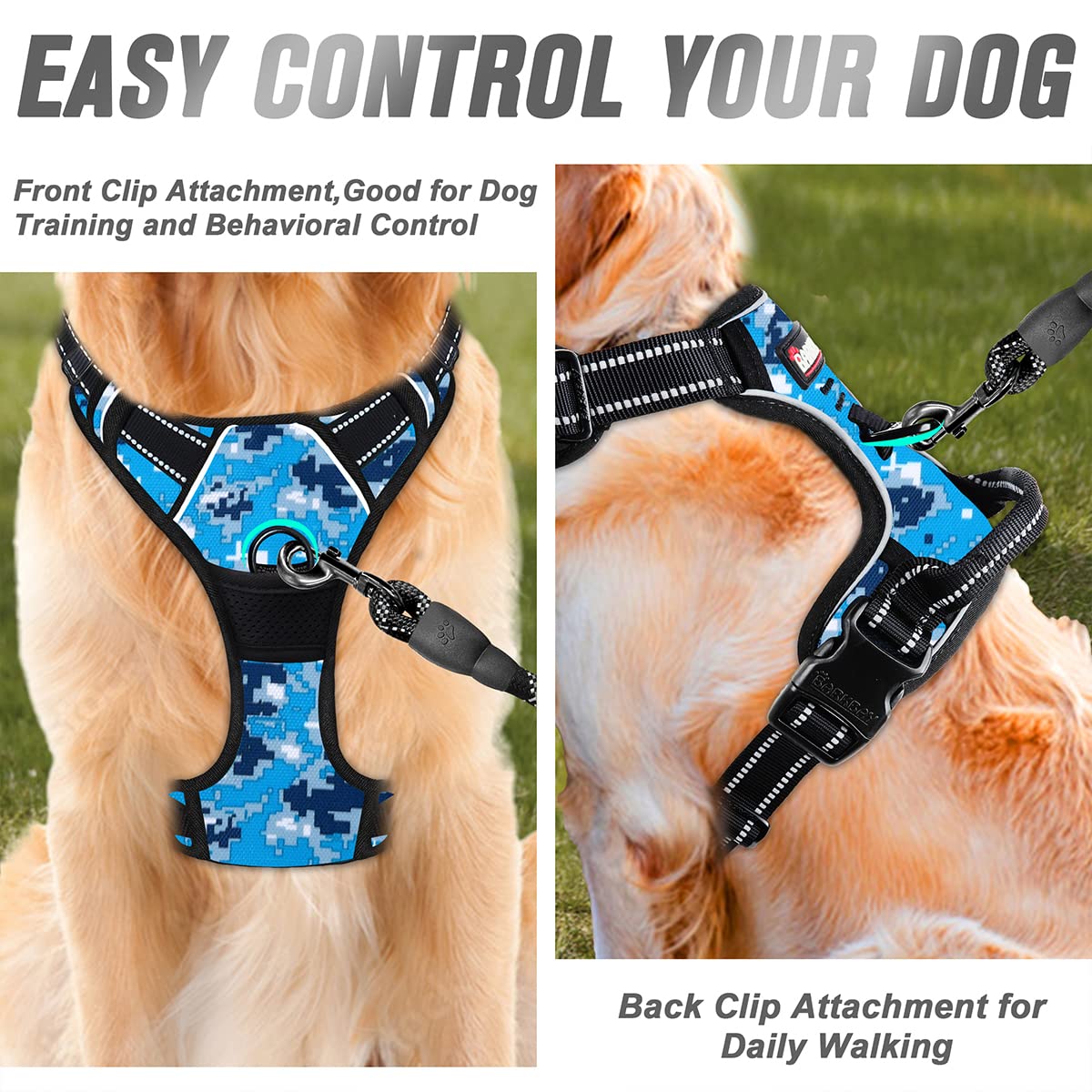 Barkbay No Pull Dog Harness Front Clip Heavy Duty Reflective Easy Control Handle For Large Dog Walking(Blue Camo,S)