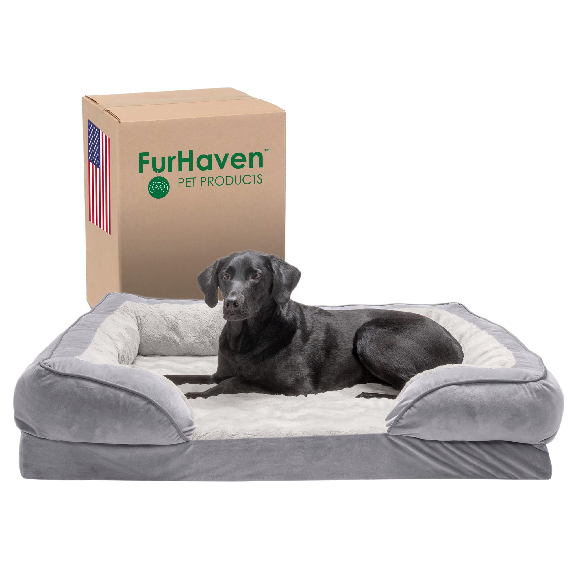 Furhaven Orthopedic Dog Bed For Large Dogs W/ Removable Bolsters & Washable Cover, For Dogs Up To 95 Lbs - Plush & Velvet Waves 
