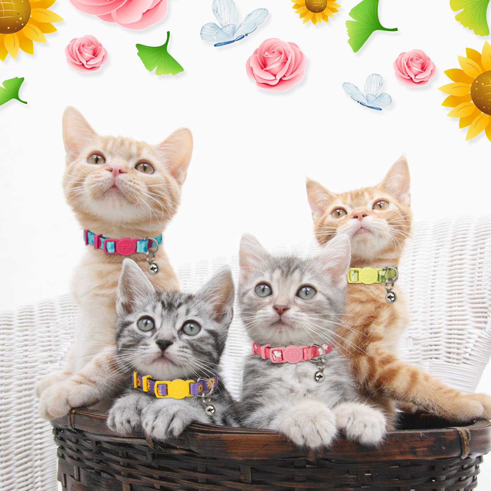 Azuza 4 Pack Kitten Collar Breakaway With Bell,Quick Release Safe Buckle Adjustable Baby Kitten Collars, Floral Print Rose/Ginkgo/Sunflower/Butterfly