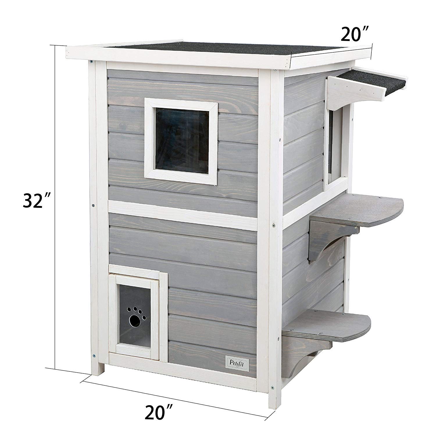 Petsfit Outdoor Cat House, 2 Story Outside Cat Shelter Condo Enclosure With Escape Door For Stray Feral Cats Weatherproof
