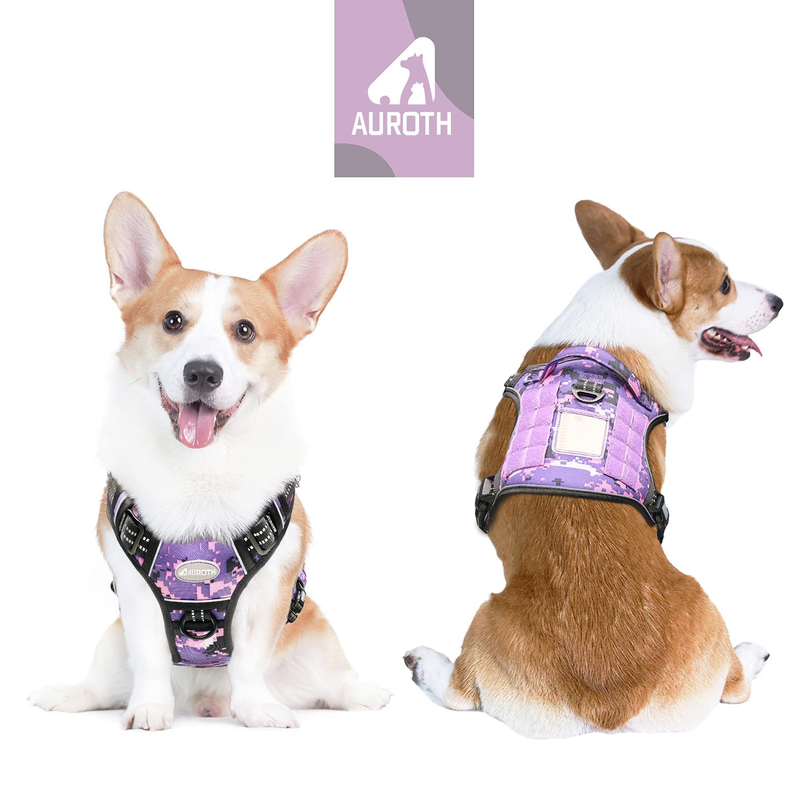Auroth Tactical Dog Harness For Small Medium Large Dogs No Pull Adjustable Pet Harness Reflective K9 Working Training Easy Control Pet Vest Military Service Dog Harnesses (M, Purple Camo)