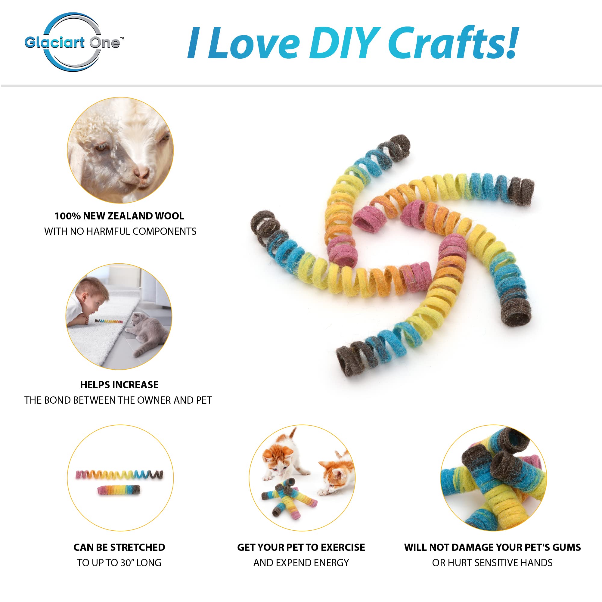 Glaciart One Felt Spring Cat Toy – 5 Pcs Soft Fuzzy Enrichment 100% Natural Wool - Interactive Stretchable Play Cat Toy Set - Safe For Pets, Non-Azo Colored Dyes - 30” Long
