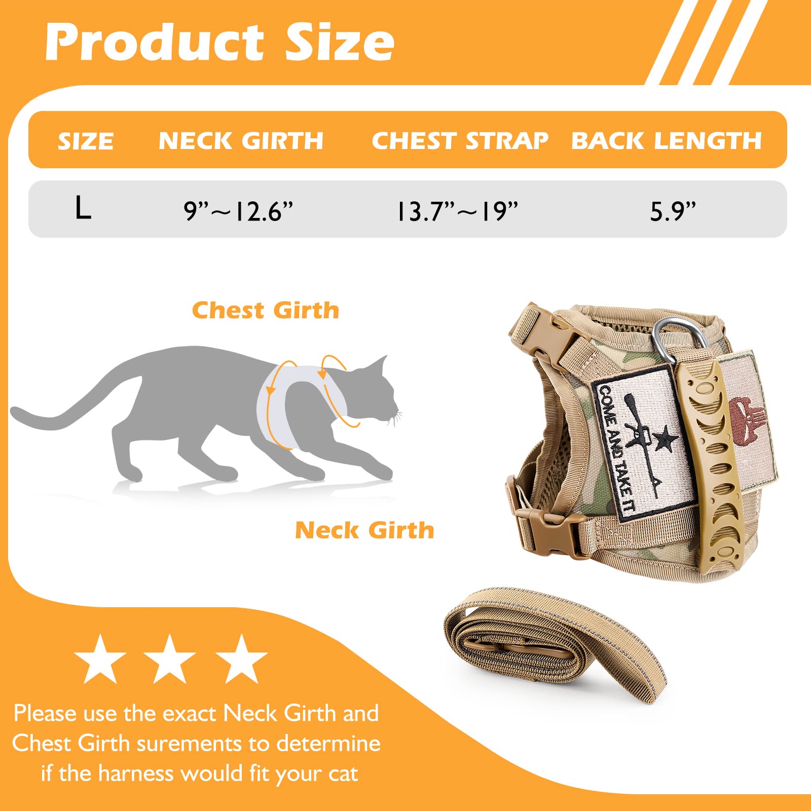 SALFSE Tactical Cat Harness and Leash Set for Walking Escape Proof, Adjustable Large Cat Vest Harness with Molle Patches, Soft M