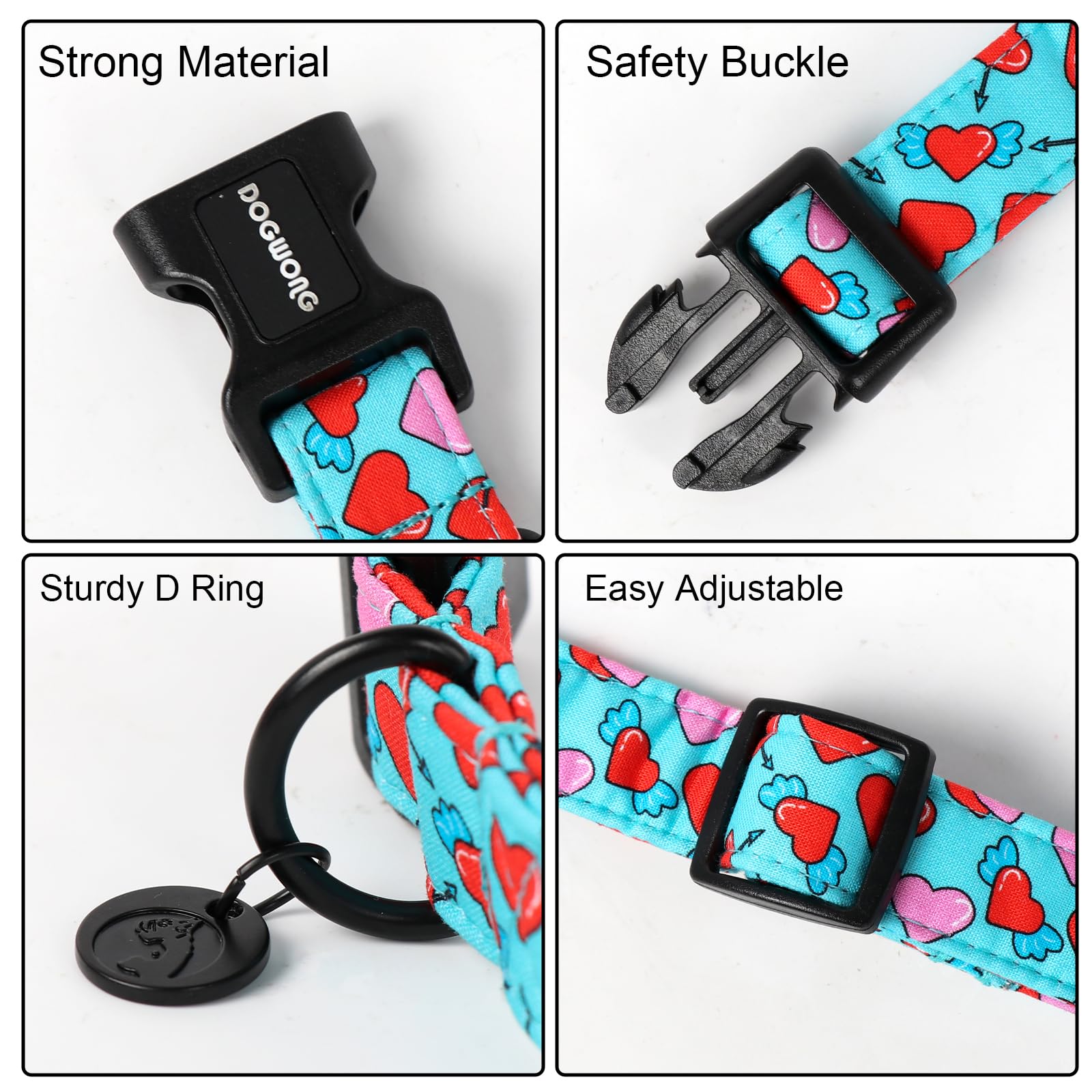 Dogwong Blue Heart Dog Collar Adjustable Soft Natural Fabric Girl Pet Dog Collar Cute Heart Valentine Puppy Necklace For Small M