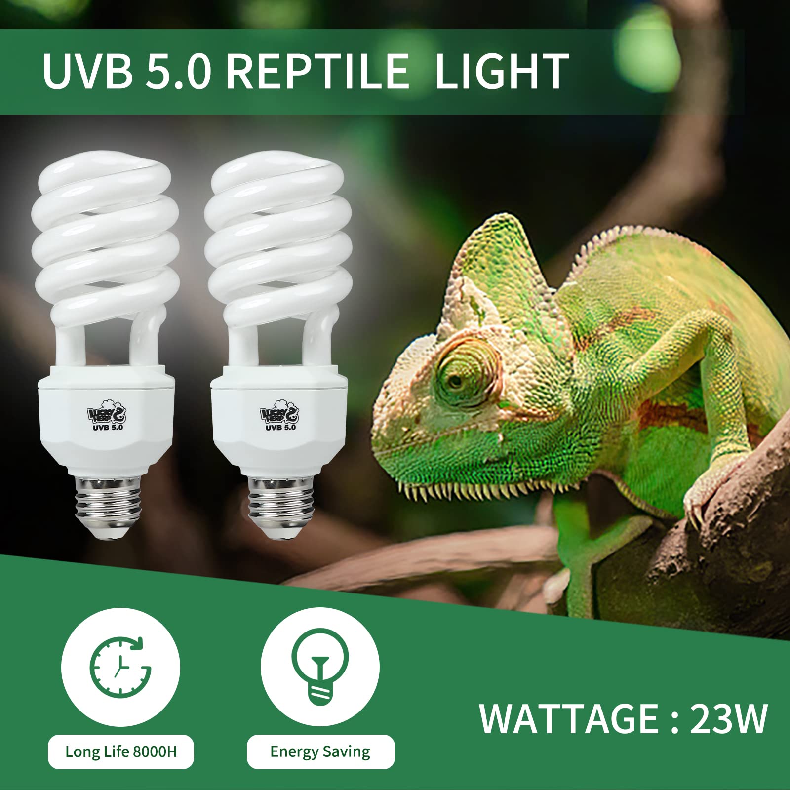 LUCKY HERP 23W UVB Reptile Light, 2 Pack, Compact Fluorescent Bulbs for Tropical Reptiles, White Glass, Ideal for Chameleons, Liz