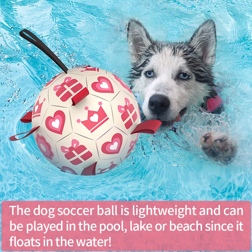 Qdan Pink Dog Toys Soccer Ball With Straps,Interactive Dog Toys For Tug Of War,Puppy Birthday Gifts,Dog Tug Toy,Dog Water Toy,Durable Dog Balls For Medium & Large Dogs(8 Inch)