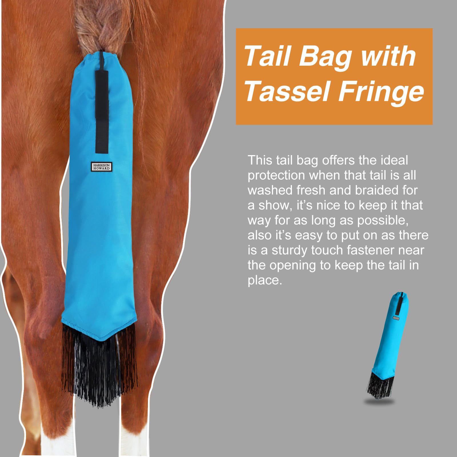 Harrison Howard Smooth Lightweight Adjustable Fastener Nylon Horse Tail Bag With Fringe-Azure Blue