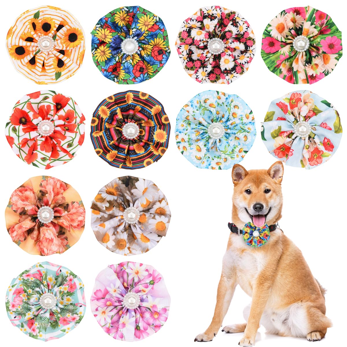 Jpgdn 12Pcs Dog Collar Flowers With Beads Pet Collar For Small And Medium Puppy Doggies Sliding Pet Collar Bow Flowers Grooming 