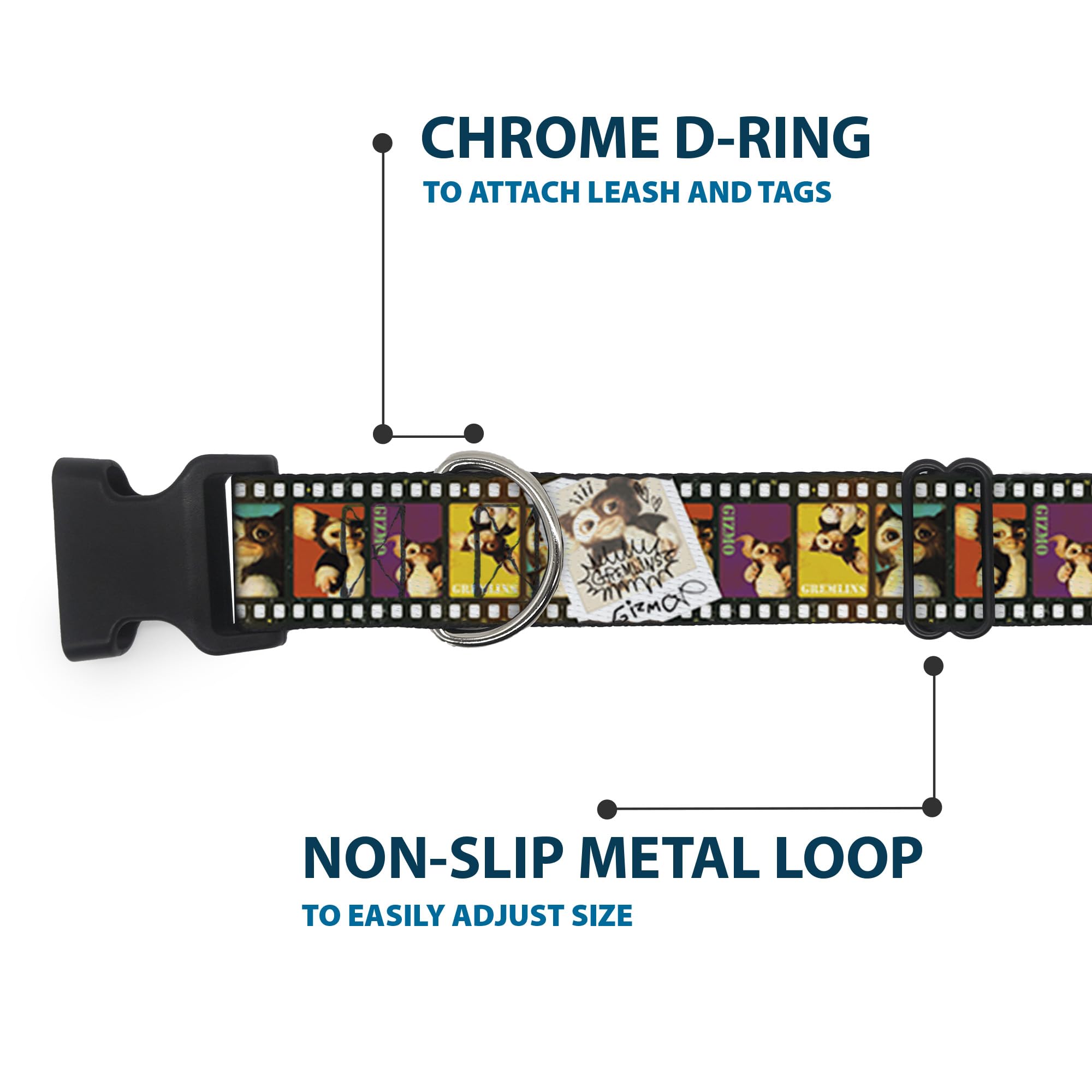 Buckle-Down Dog Collar Plastic Clip Gremlins Gizmo Filmstrip Poses Multi Color 9 To 15 Inches 0.5 Inch Wide