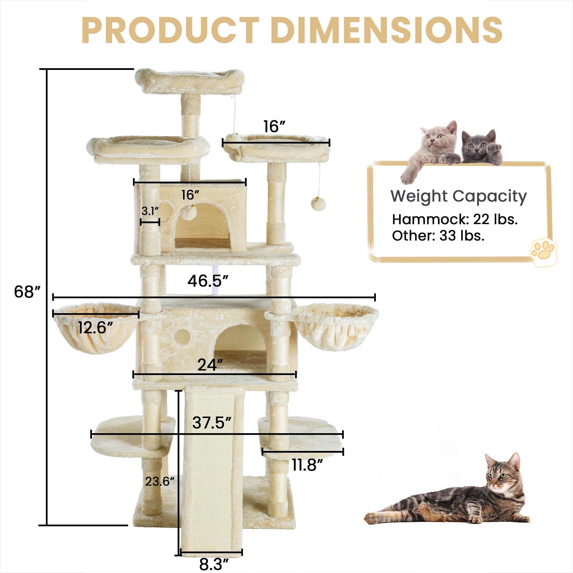 Sha Cerlin 68 Inches Multi-Level Large Cat Tree For Large Kitties/Big Cat Tower With Condo/Cozy Plush ‌Pussycat Perches/Sisal Scratching Posts And Hammocks/Activity Center/Beige