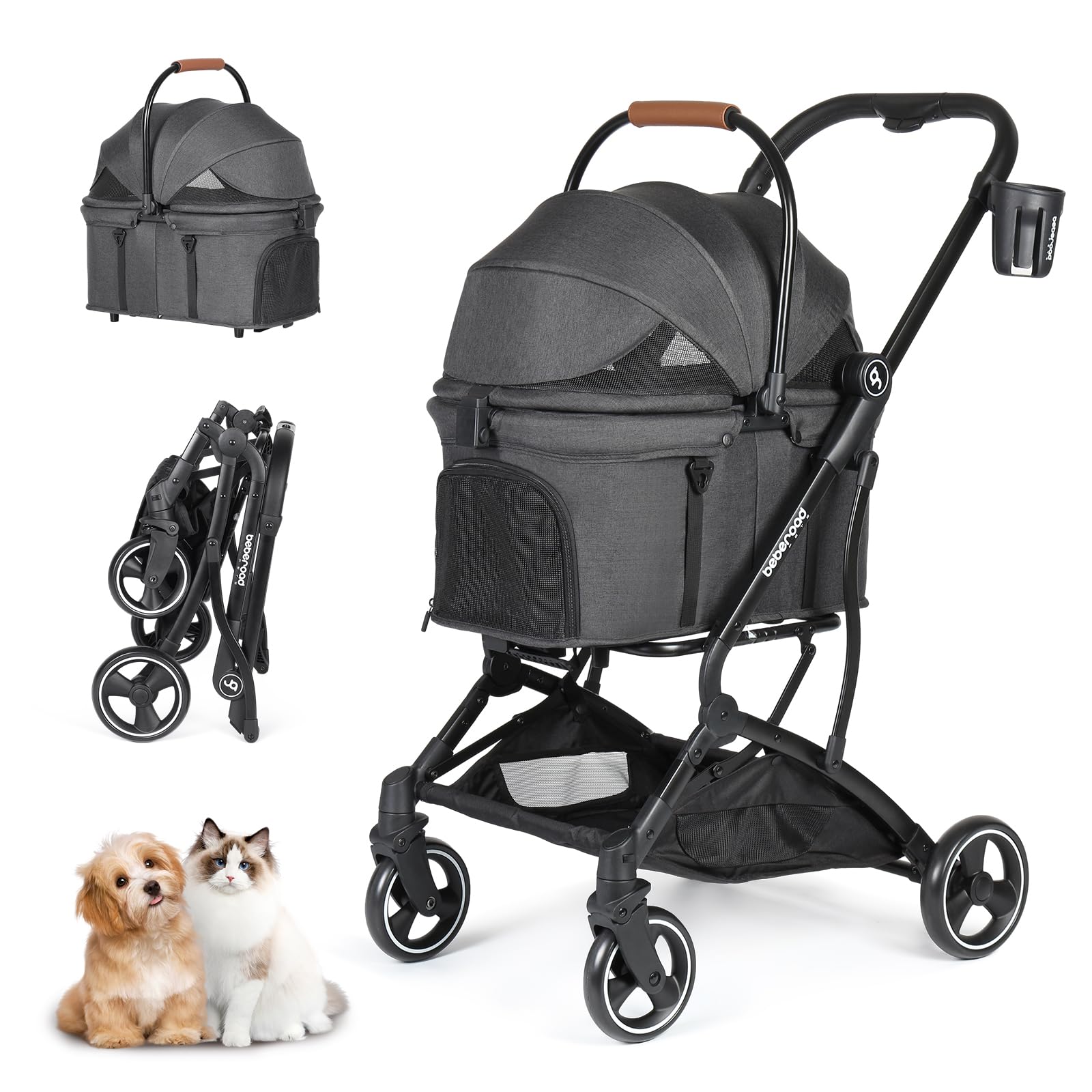 Beberoad Pets T3 3 In 1 Small Pet Stroller For Dogs & Cats, 4 Wheels With Detachable Carrier With Pad, Canopy And Cup Holder, Bl