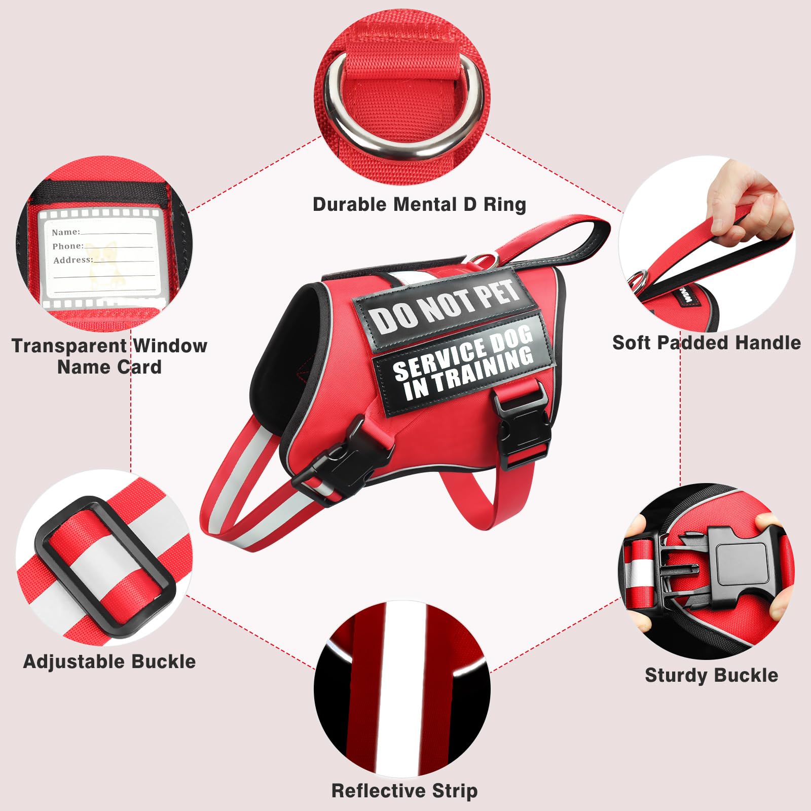 Winsee Small Dog Harness & Leash Set, Red, X-Small, Nylon, Emotional Support Therapy Vest With 10 Patches, Breathable, Adjustabl