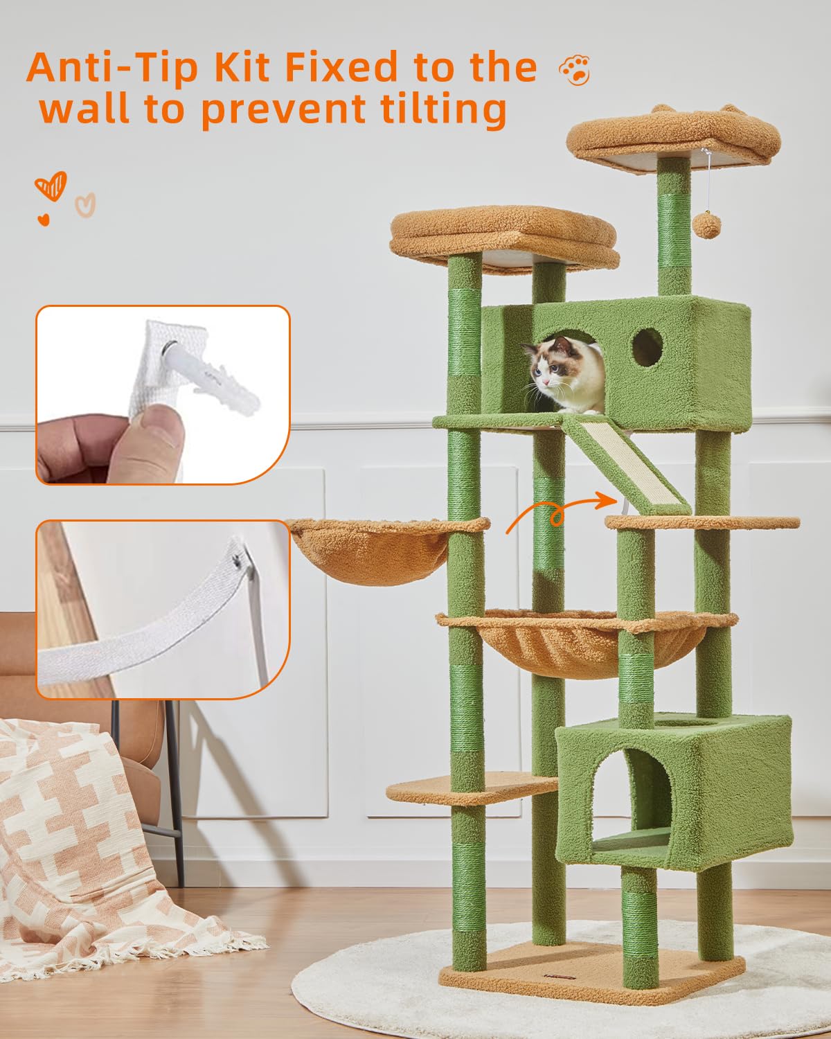 Taoqimiao Cactus Cat Tree, 71-Inch Cat Tower for Indoor Cats Large Adult, Multi-Level Large Cat Condo, 8 Sisal Scratching Posts,