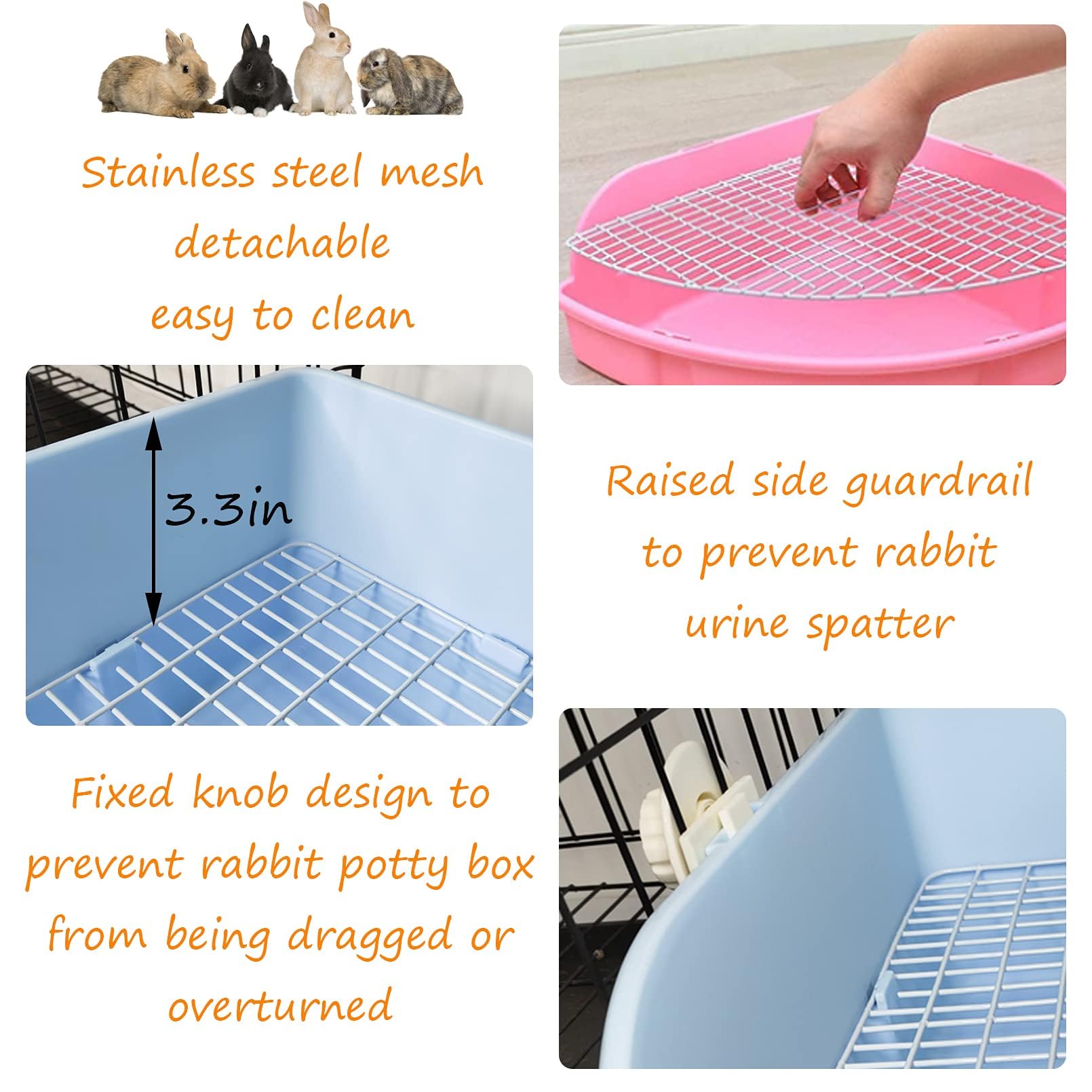 Pinvnby Extra Large Corner Litter Box For Rabbits, Guinea Pigs, Ferrets | 18.3' Fan-Shaped Potty Trainer With Anti-Spill Guard, Durable Plastic & Cage Clips | Easy-Clean Small Animal Toilet Pan (Blue)