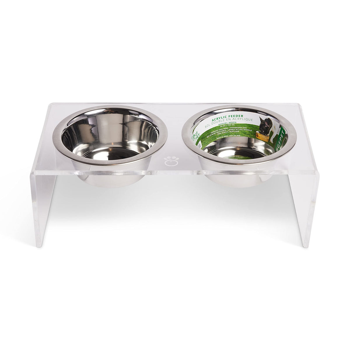 Gf Pet Acrylic Double Feeder Acrylic Dog Bowl Stand With 2 Removable Stainless Steel Bowls | Raised Pet Feeder For Dogs, Puppies & Cats | Non-Slip, Modern Elevated Design - Large/48Oz