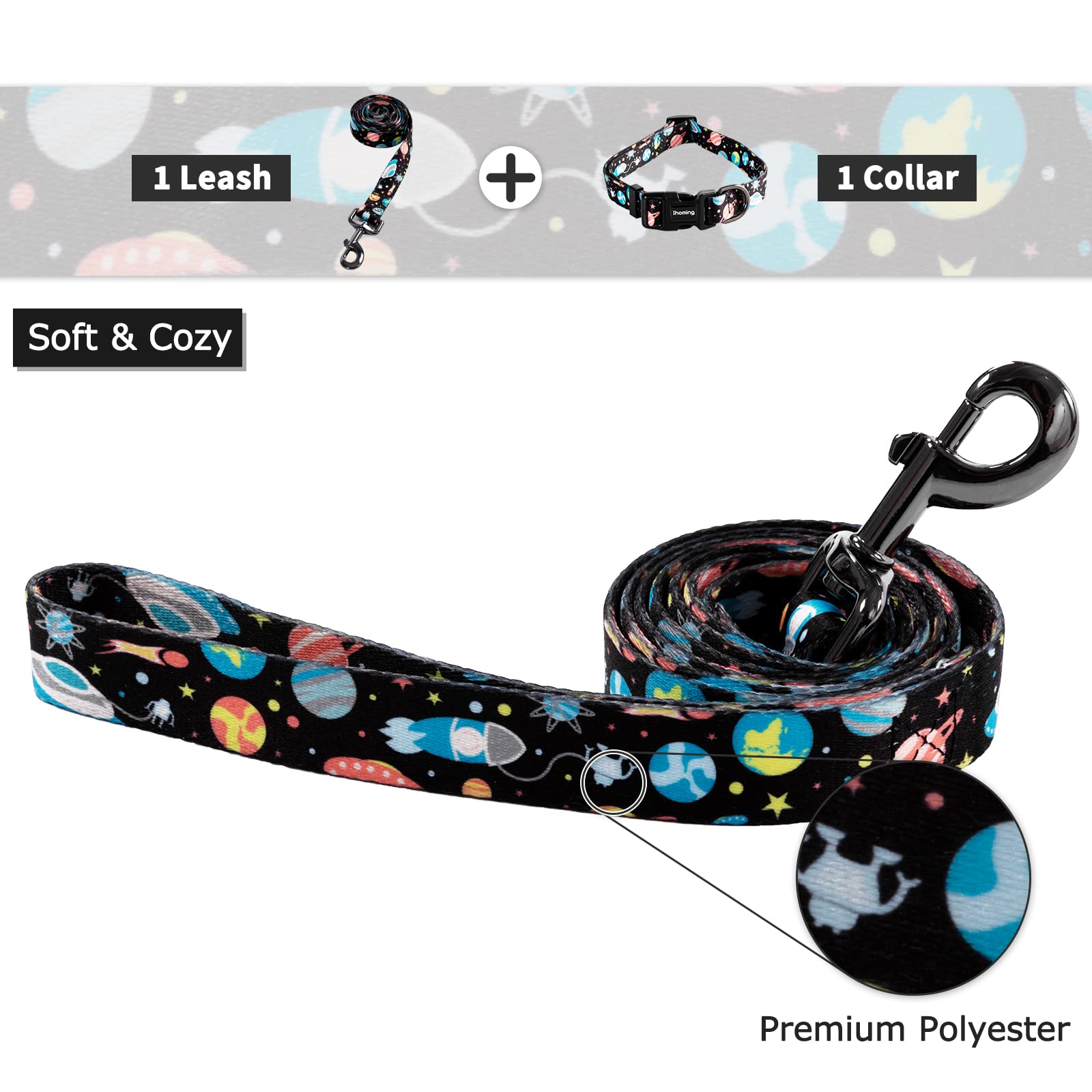 Ihoming Dog Collar And Leash Set For Daily Outdoor Walking Running Training, Space Design For Large Boys Girls Dogs Cats Pets, L