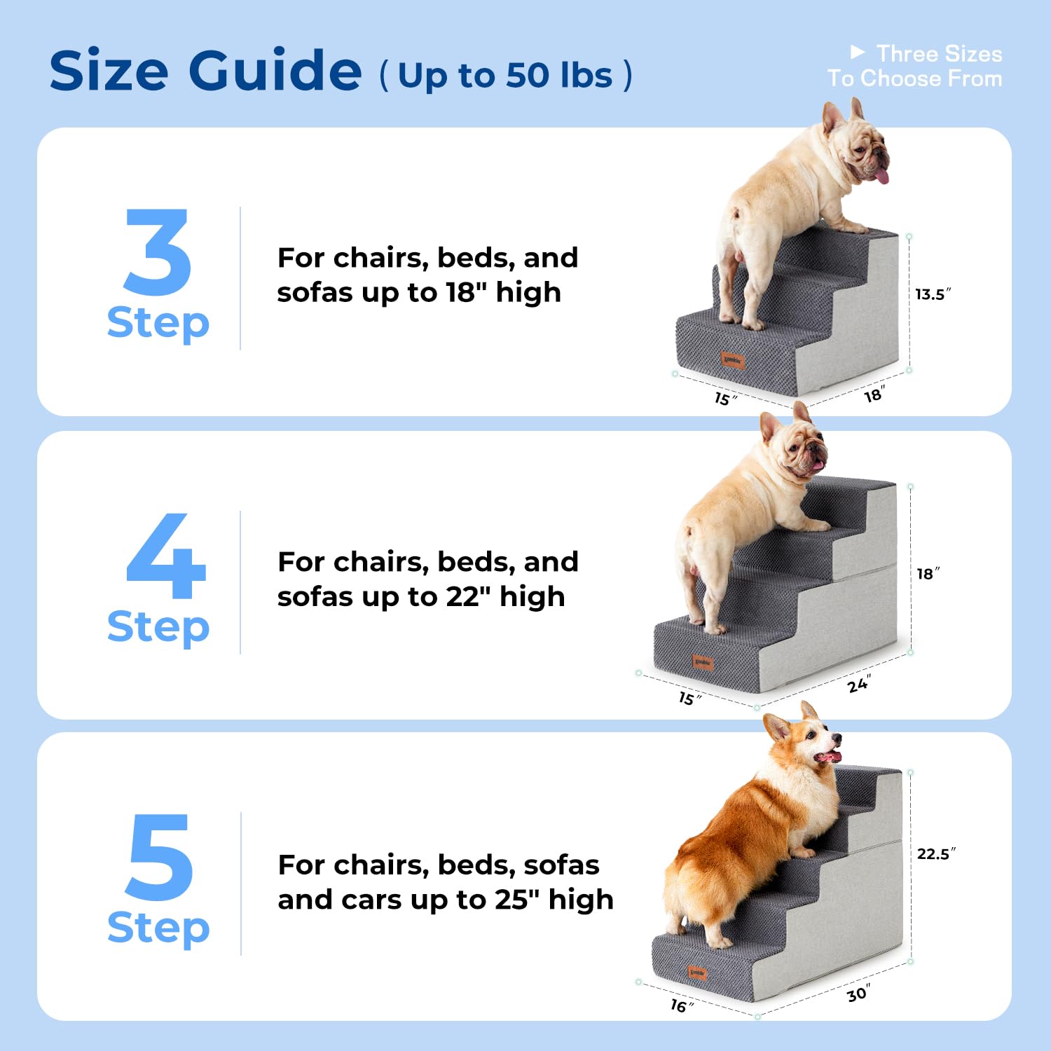 Zomisia Dog Steps For Couch - Pet Stairs For Small Dogs And Cats, Dog Steps With Non-Slip Bottom Grey 3 Steps, Brown