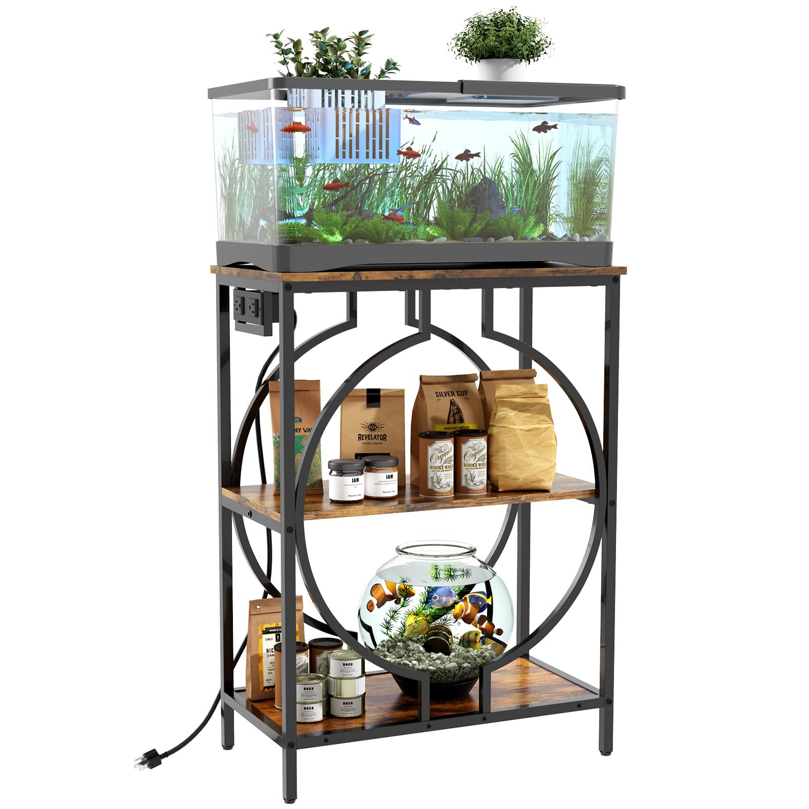 HavenlyYouth 10 Gallon Aquarium Stand with Power Outlet, 3 Tier Heavy Duty Metal Fish Tank Stand with Storage, Fish Tank Table f