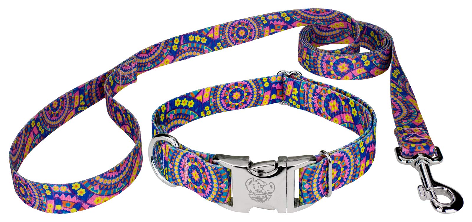 Country Brook Petz - Blue Boho Mandala Premium Dog Collar And Leash Set - Groovy Collection Featuring Far Out Designs (1 Inch, E