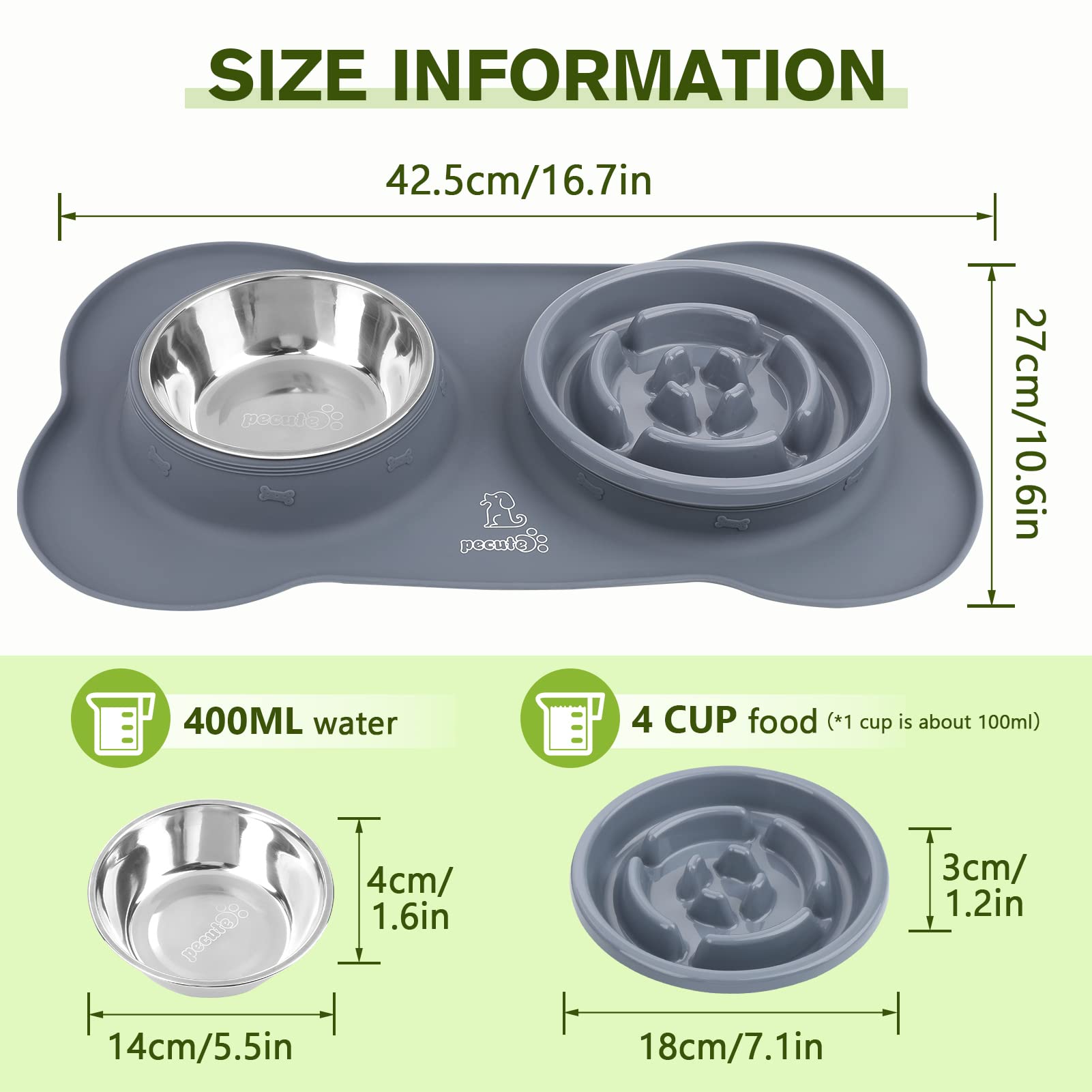 Pecute Slow Feeder Dog Bowls to Slow Down Eating, Dog Bowl Slow Feeder with No-Spill Non-Skid Silicone Mat, Food-Grade Safe Dog