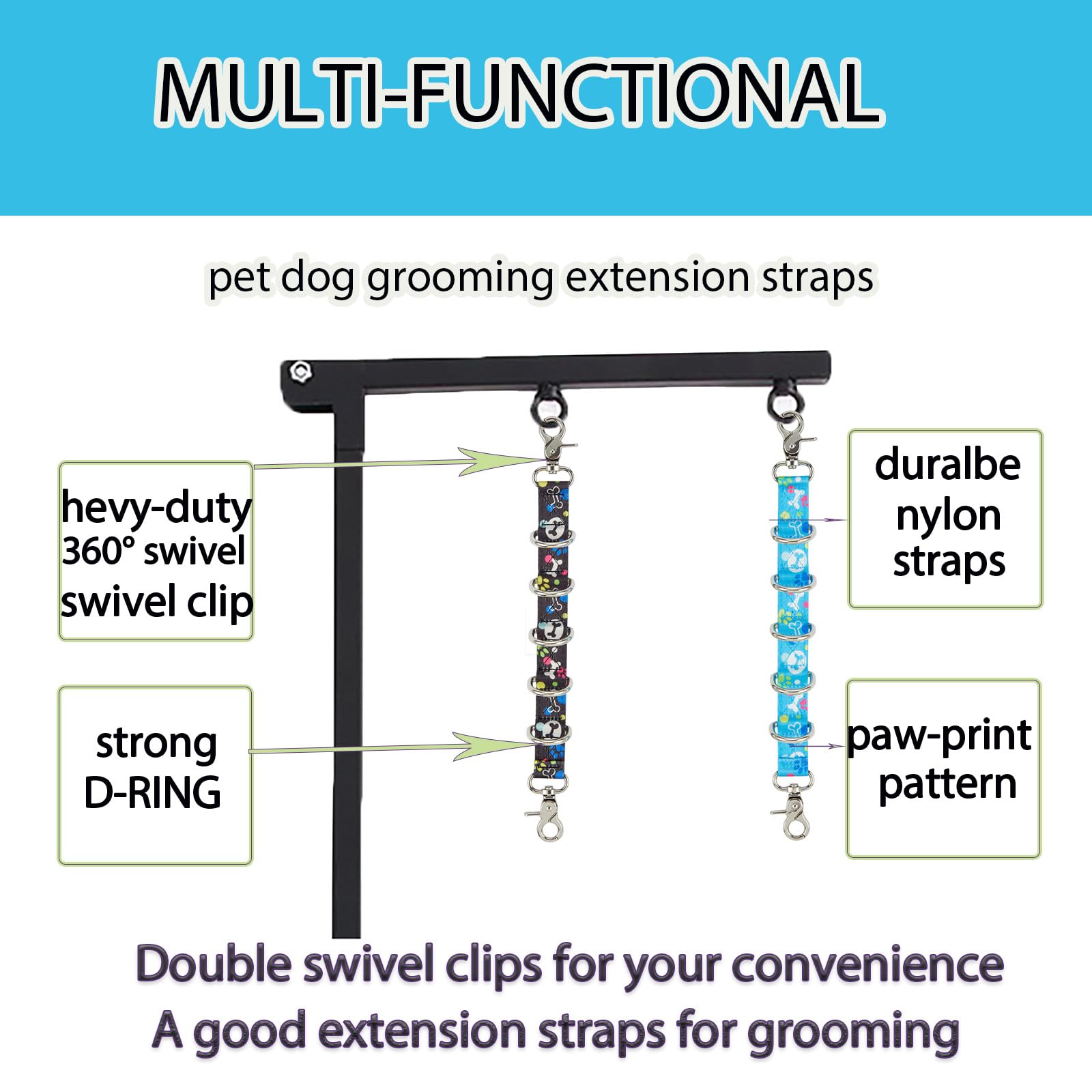 Dog Grooming Loop 2 Pack Dogs Grooming Table Arm Extension Straps Cute Unique Paw Pattern Double Snaps & 5 D-Ring Design Extende