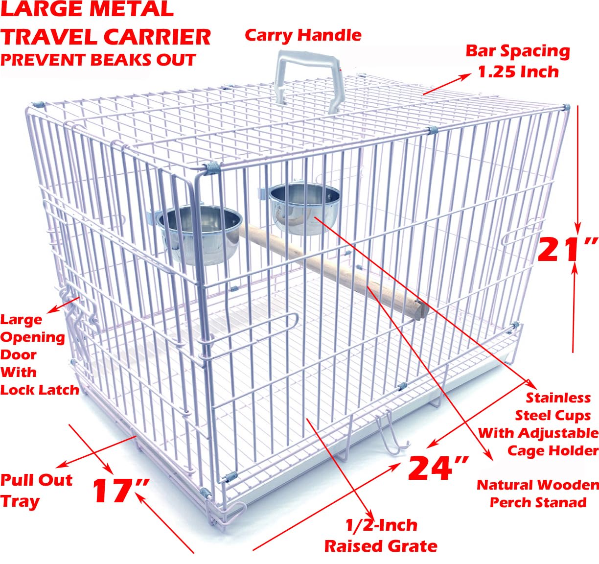 Large Easy Collapsible Travel Vet Bird Parrot Carrier Metal Cage Bar Spacing 1.25-Inch Prevent Your Parrot Bird Beaks Out With S