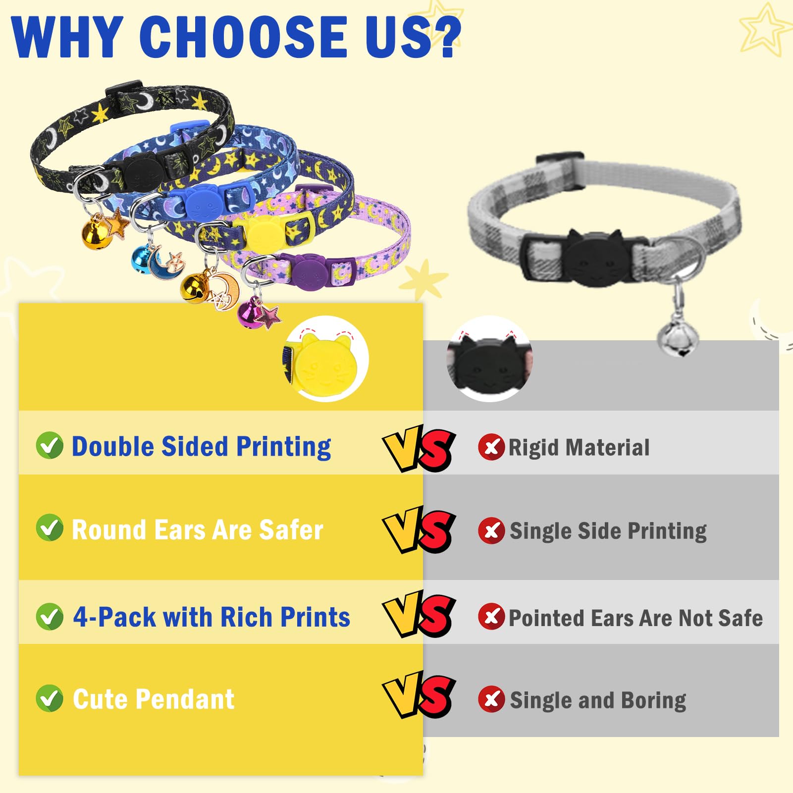 Scenereal Cute Cat Collar With Bell Breakaway, 4 Pack Star And Moon Pendant Spring Pet Collar For Girl Boy Cats, Adjustable Safe
