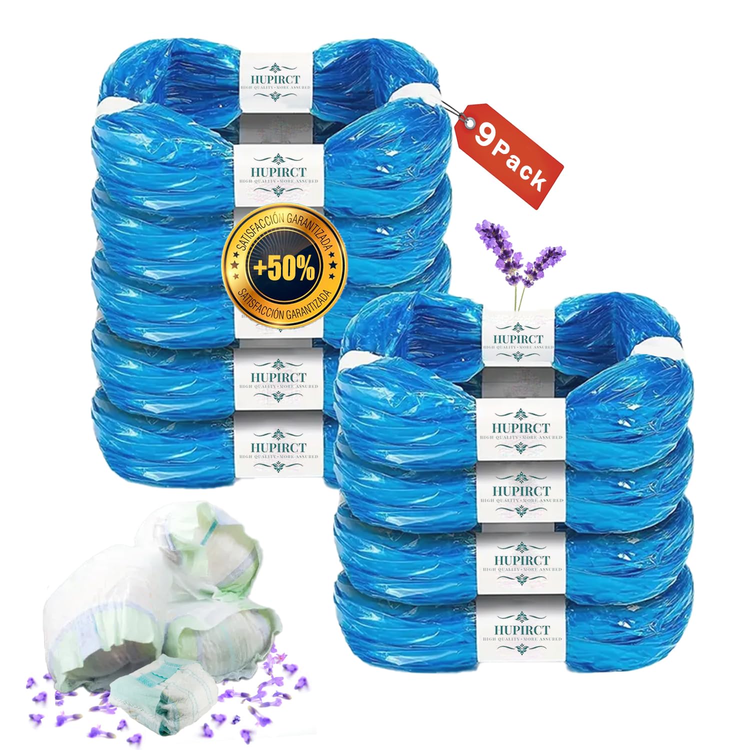 Hupirct 9-Pack Refill Bags, 50% Longer Length, More Capacity, Additional Odor-Inhibiting Evoh Material, Compatible With Most Dia