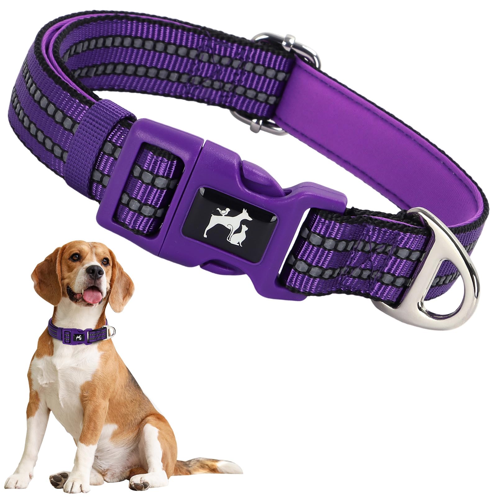 Onefojojo Reflective Dog Collars,Soft Neoprene Breathable Quick Release Basic Dog Collars For Medium Large Extra Large Dogs (Pur