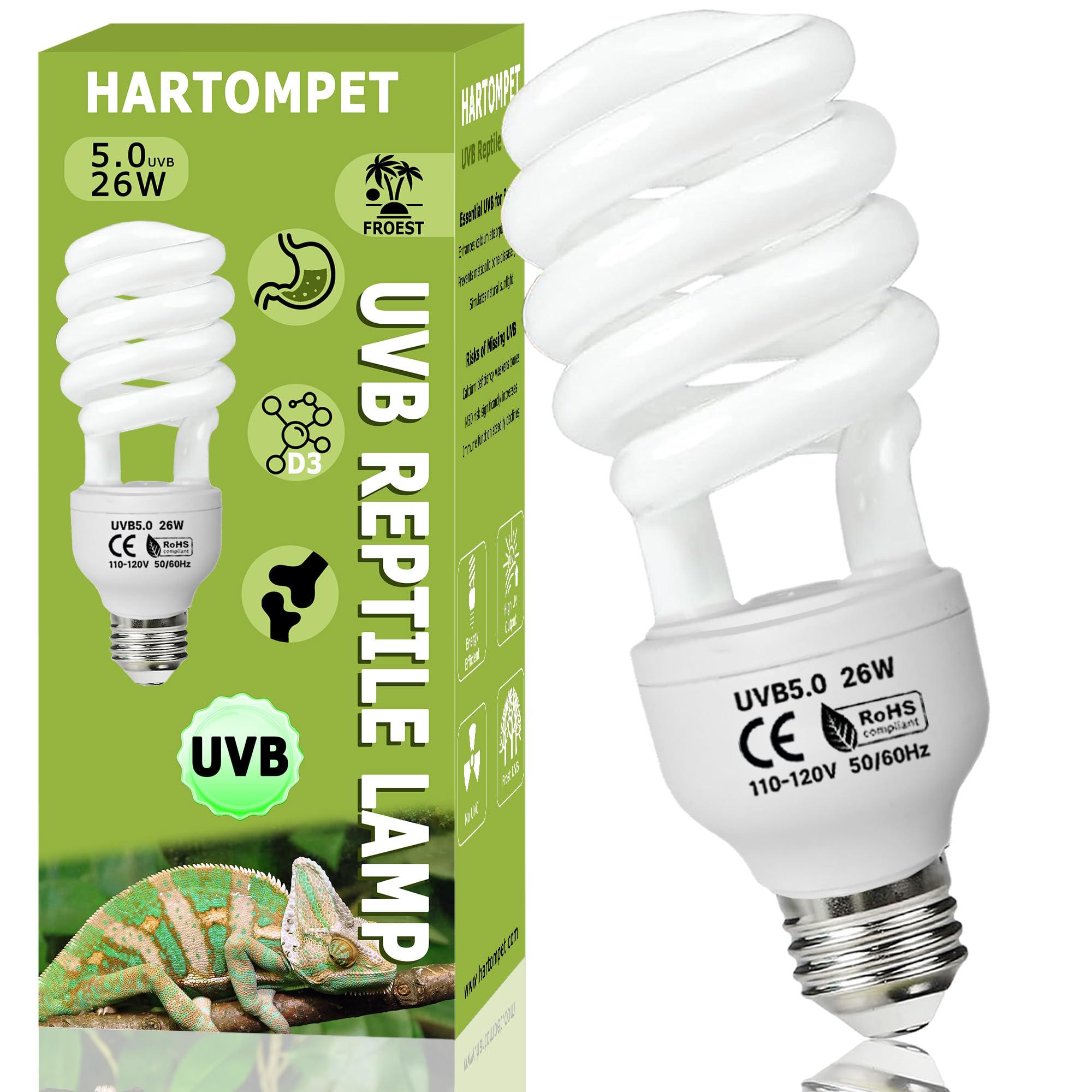 Hartompet Uvb 5.0 Reptile Light 26W, Compact Fluorescent Lamp, Coil Bulbs For Tropical And Sub-Tropical Terrariums, Ideal For Am