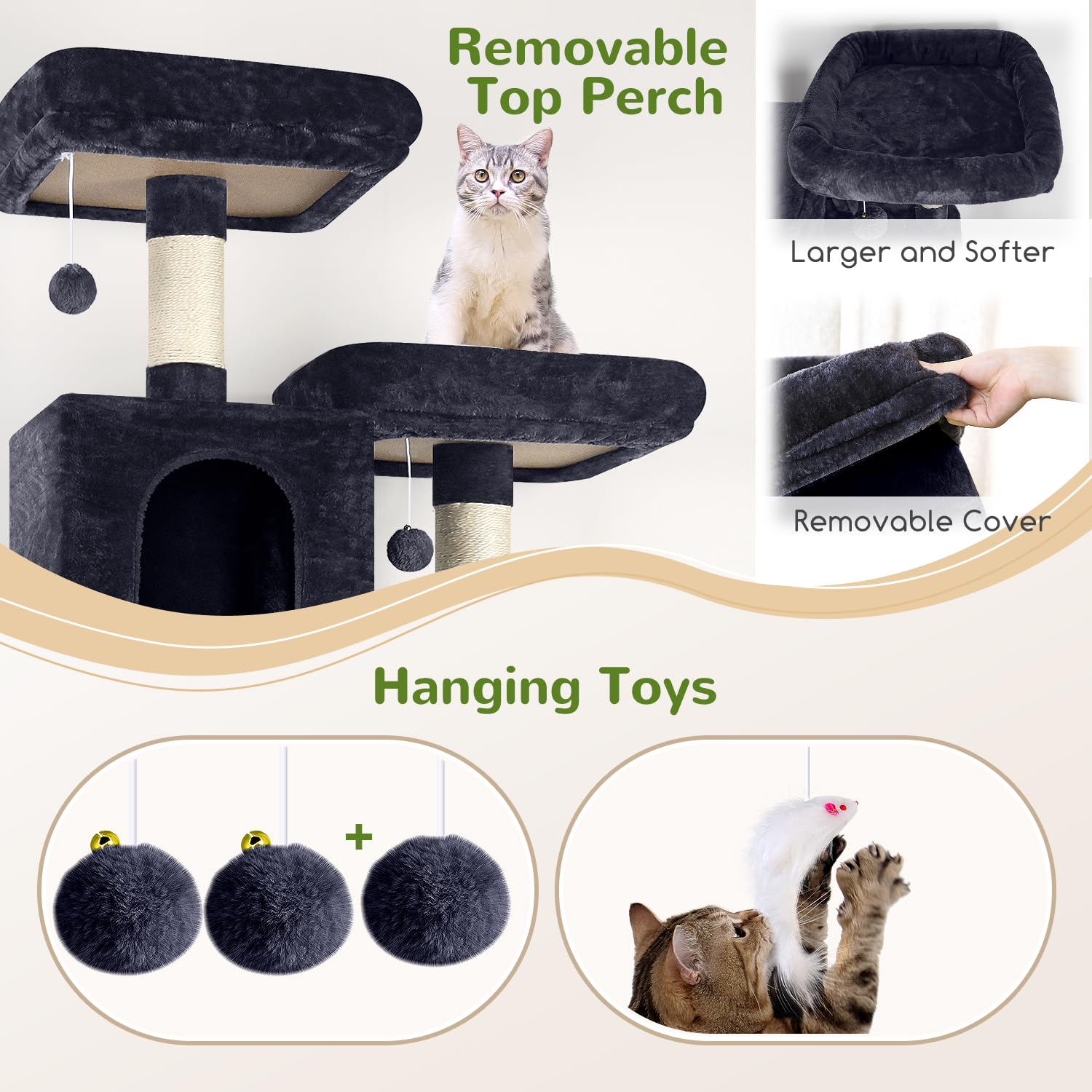 Globlazer Cat Tree Tower, 76-Inch Extra Tall Multi-Level Cat Furniture with Cozy Condos, Hammock and Perches for Adult Cats, Per