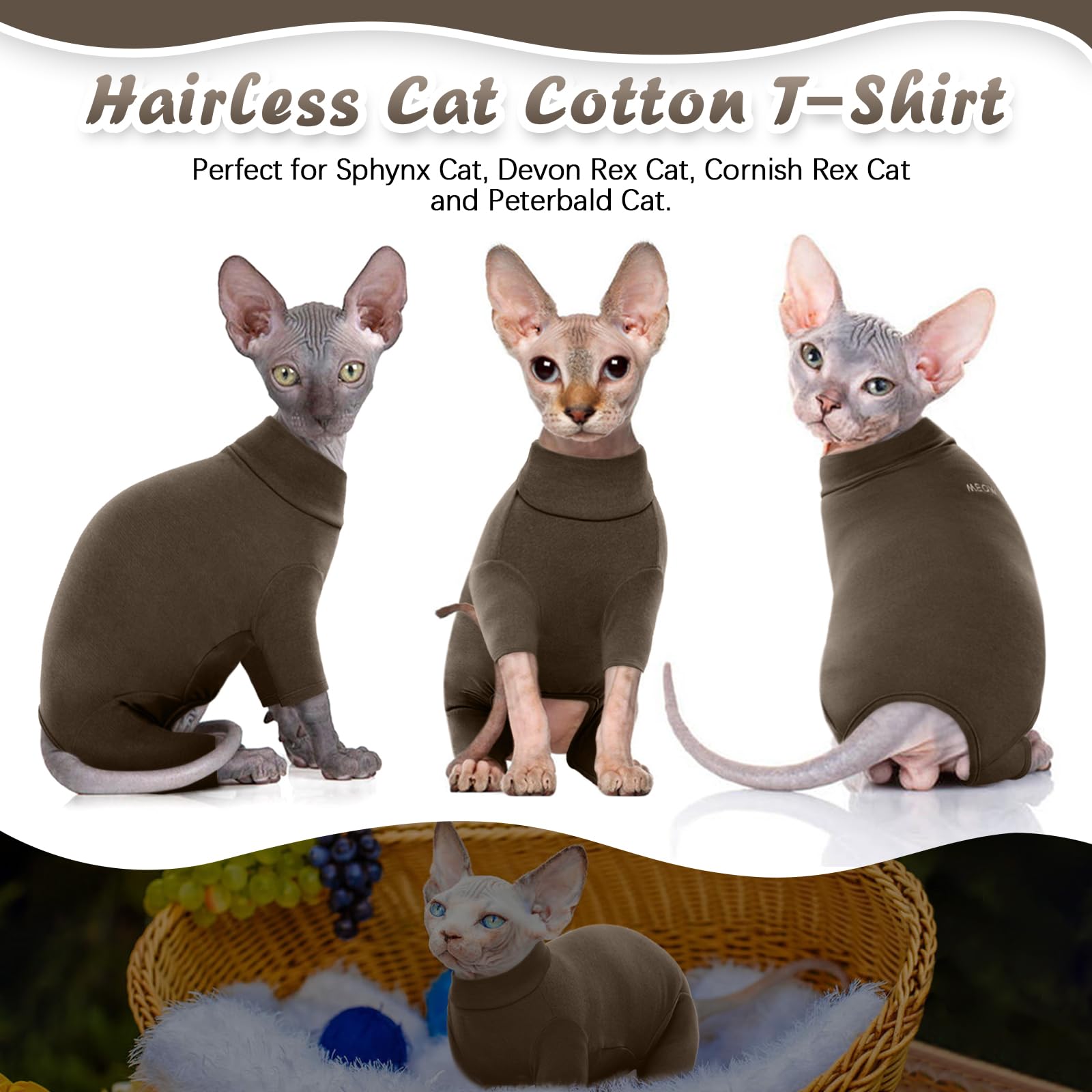 Rozkitch Cat Clothes, Breathable Soft Cat Jumpers For Hairless Cats, Devon Rex, Cornish Rex, Peterbald, Coffee Xs