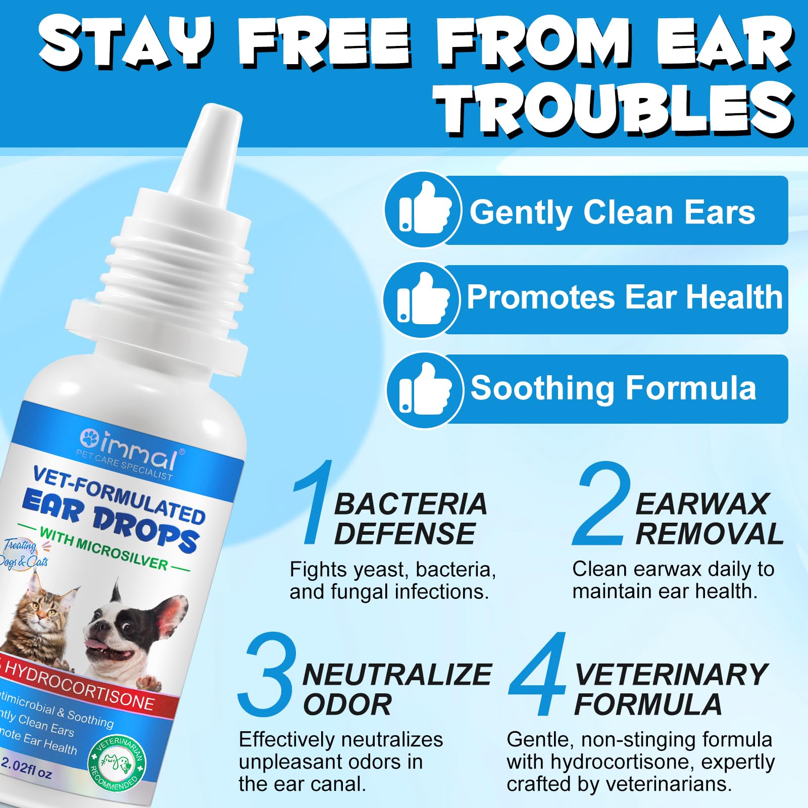 VOSIFSDIY Dog & Cat Ear Infection Treatment Drops, Pets Ear Cleaning Drops with 1% Hydrocortisone for Dog & Cats Yeast Infection