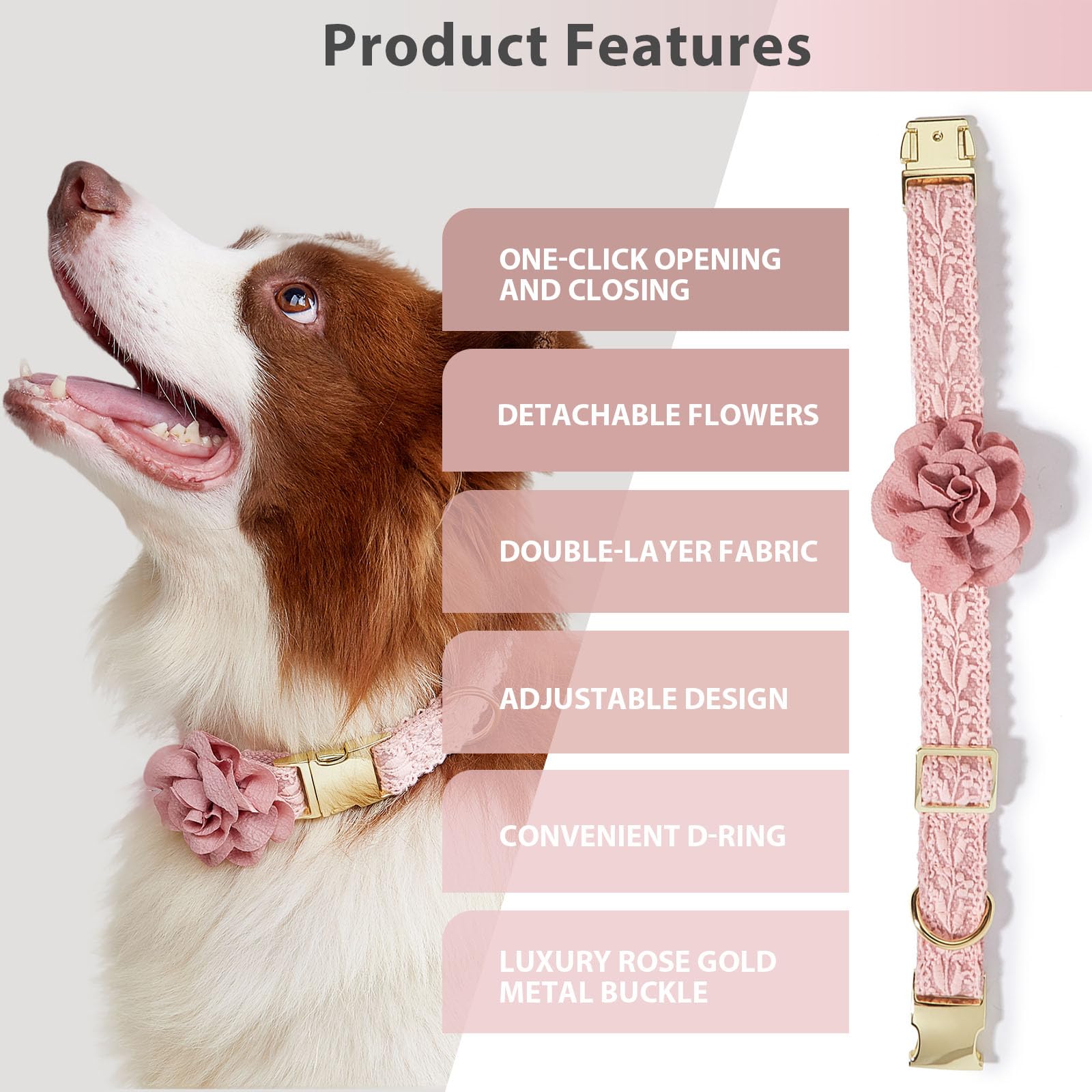 Hqrea Pink Dog Collar And Leash For Medium Dogs Girls Adjustable Rose Gold Metal Buckle & Durable Padded Handle For Pet Wedding