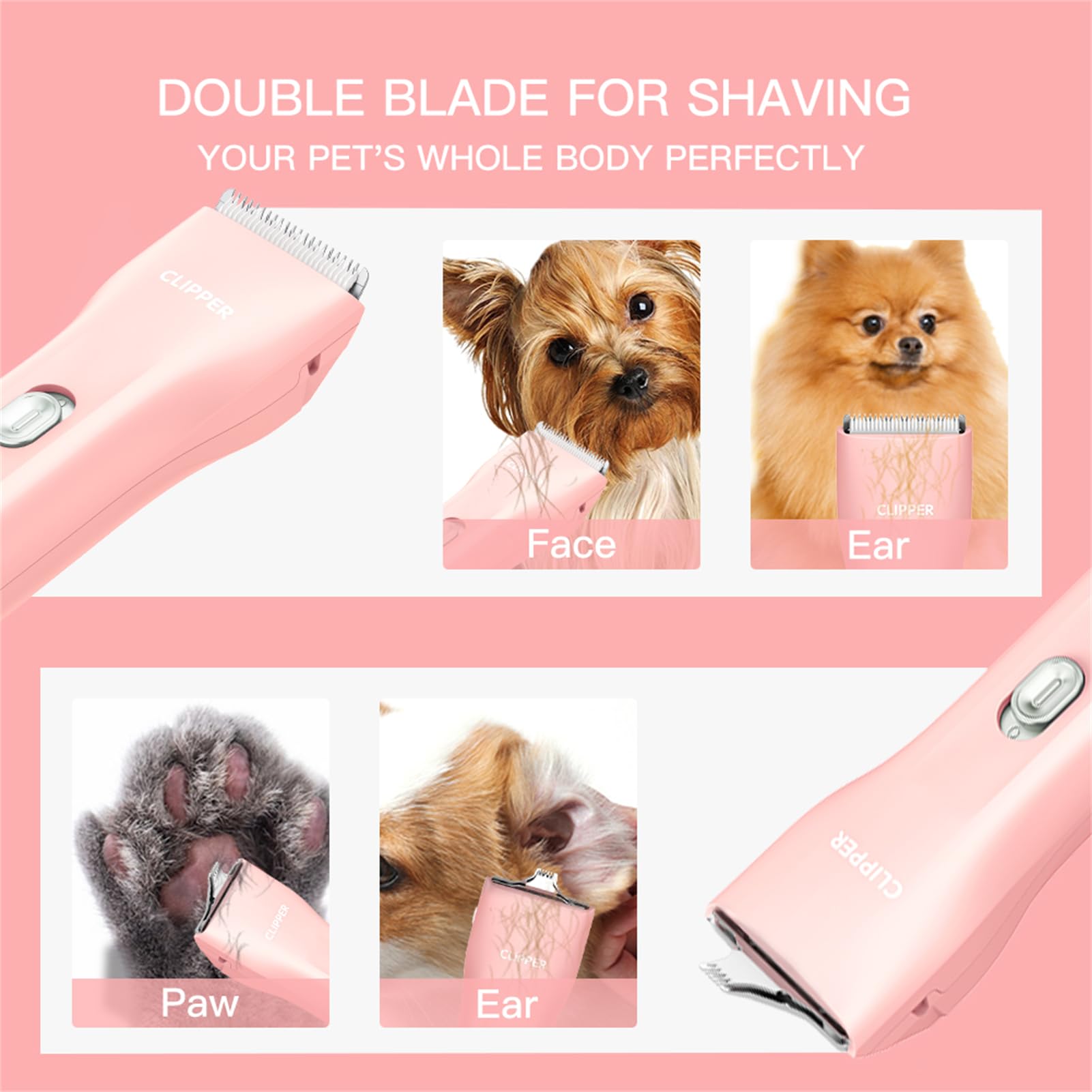 Founouly 2 In 1 Prowerful Home Professional Dog Grooming Kit Clipper Low Noise Usb Rechargeable Gifts For Dog Cat Pink,Mts006
