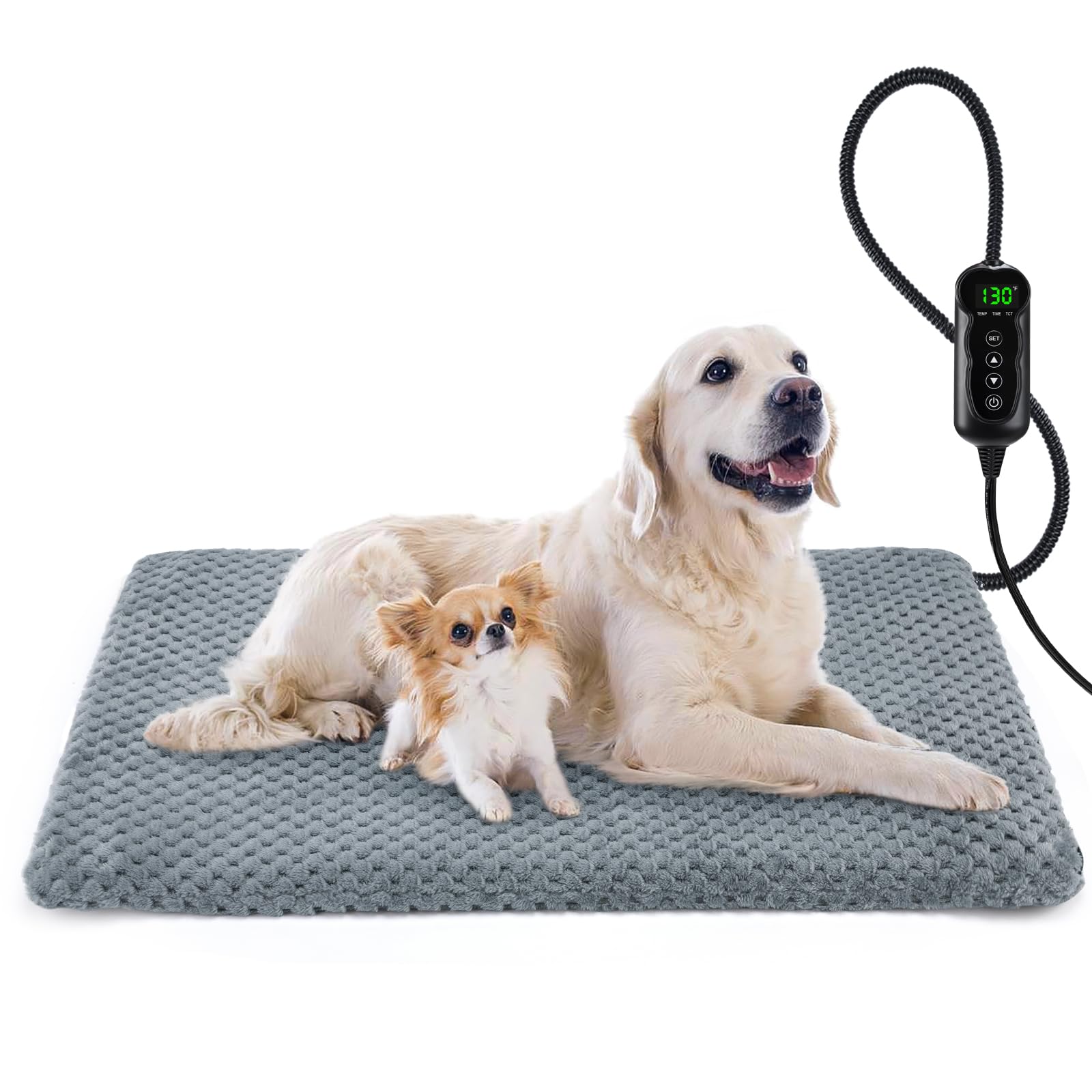 INVENHO Pet Heating Pad for Dogs & Cats, Waterproof, Adjustable Temp, 35"x24", Grey, Velvet Material