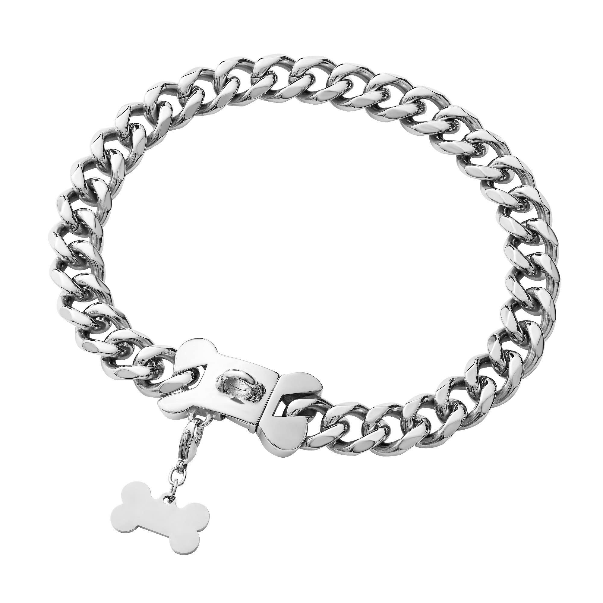 Stainless Steel Cuban Silver Link Heavy Duty Necklace Dog Collar For Small Medium Large Dogs, American Bully French Bulldog Dog