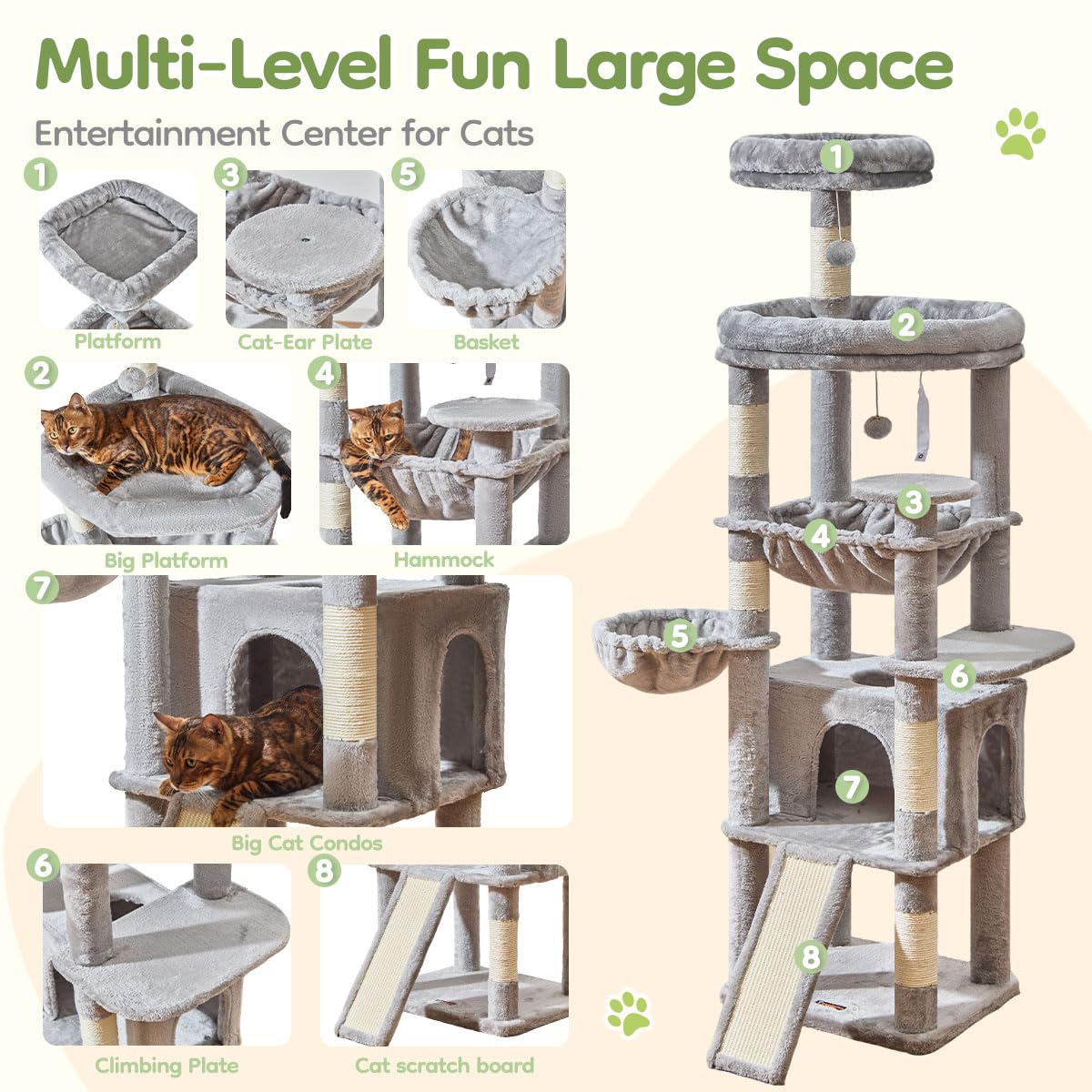 Taoqimiao 72 Inches Cat Tree for Large Cats, Multi-Level Tall Cat Tower, Widened Cat Condo with Large Scratch Board, 5 Scratchin