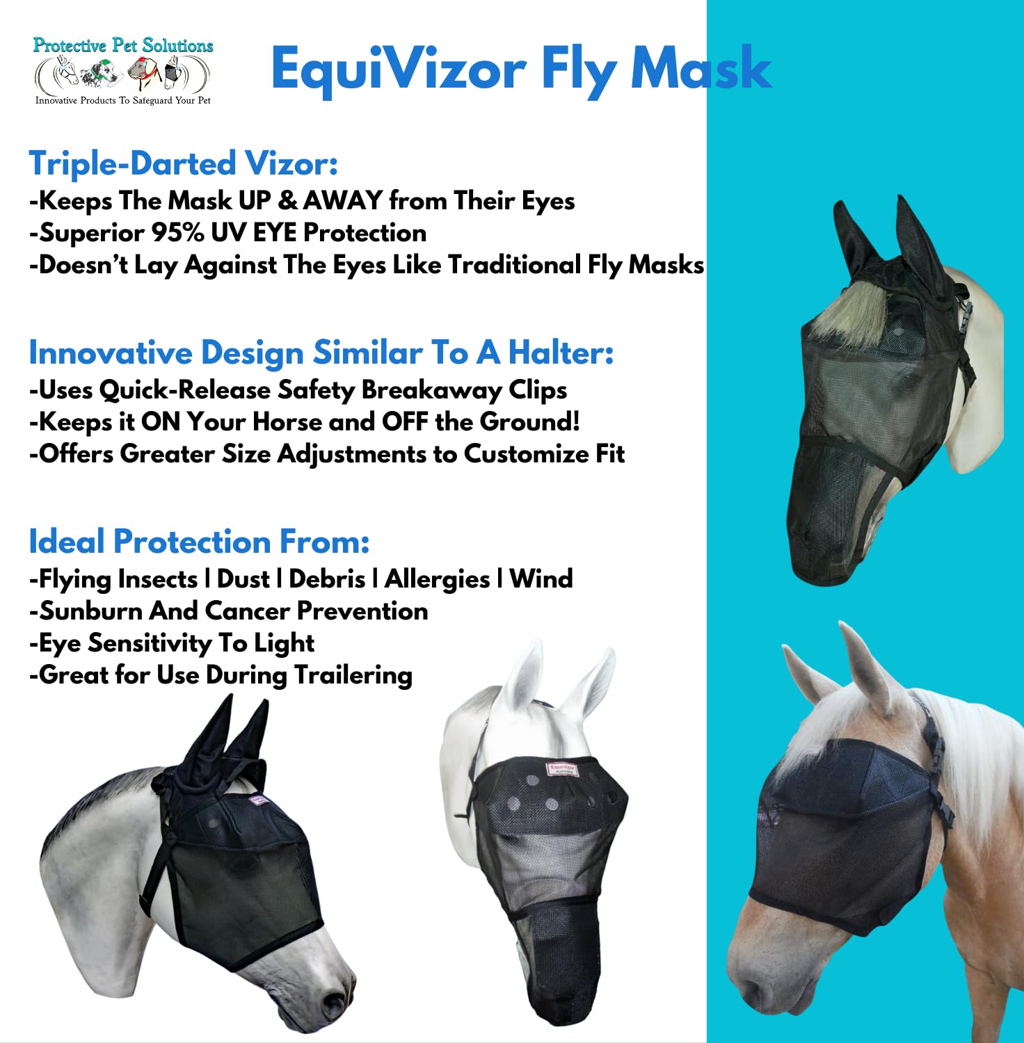 EquiVizor 95% UV Eye Protection (Full) Horse Fly Mask with Ears. Designed to Stay On Your Horse, Off The Ground.