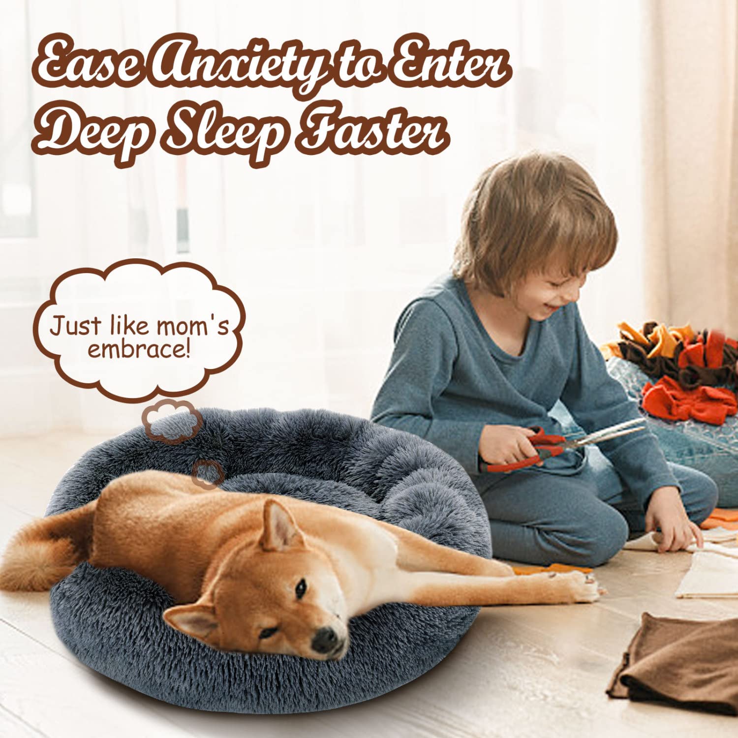 Nobleza Dog Bed For Small Dogs, Washable Soft Round Fluffy Donut Self-Warming Cat Calming Bed, Anti-Anxiety Cuddler For Indoor S