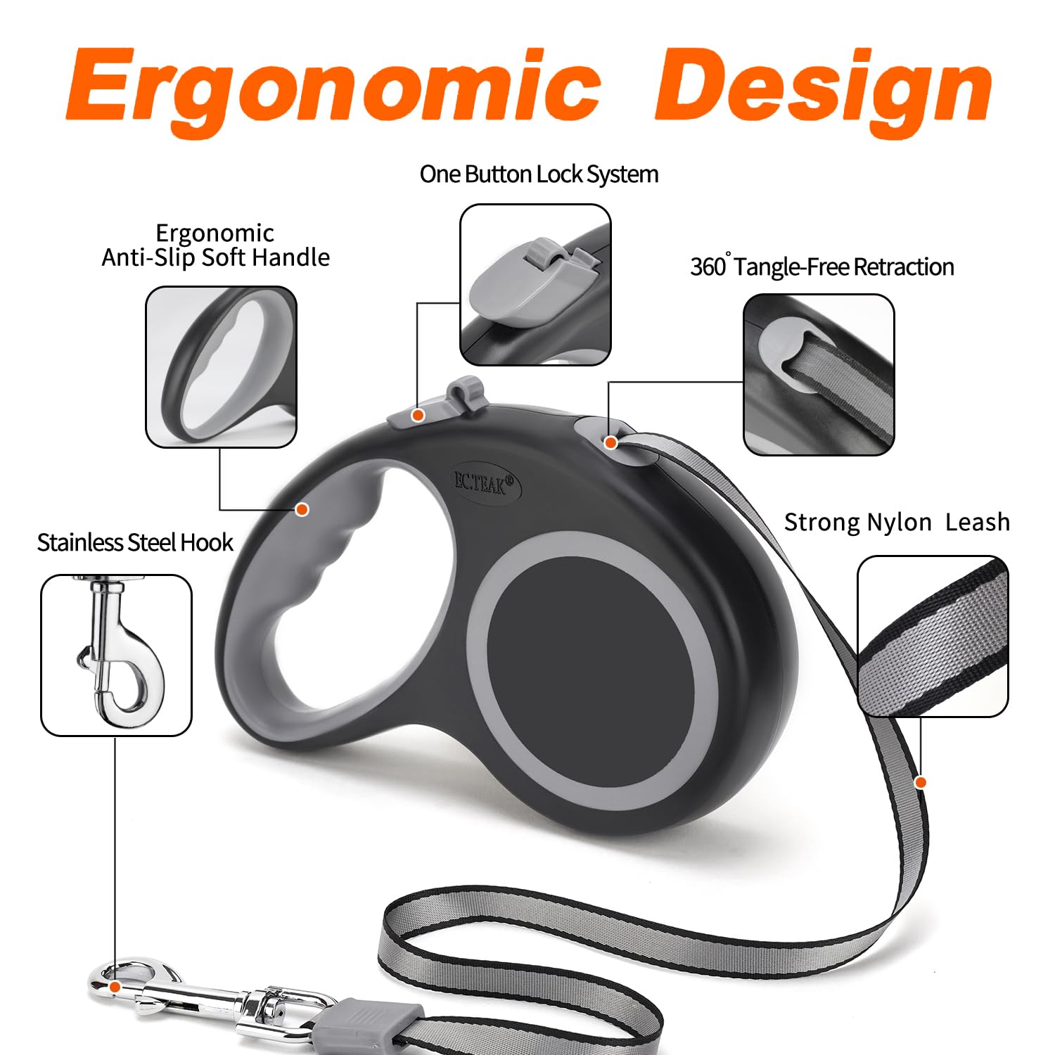 Retractable Dog Leash 16 Ft Durable Comfortable Leash For Small Medium Dogs/Cats Up To 55 Lbs, One-Handed Brake, Stainless Steel