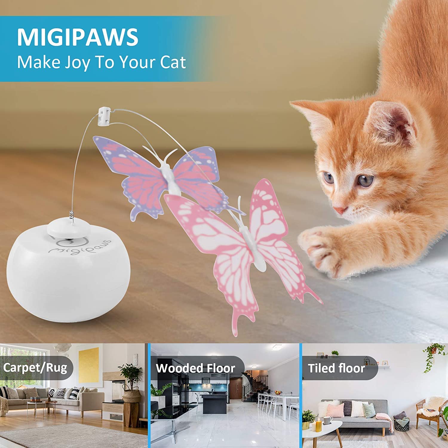 Migipaws Cat Toys Interactive Butterfly Feather Mice Spin With Smart Rolling Ball For Indoor Kittens Self Play Automatic Sensing